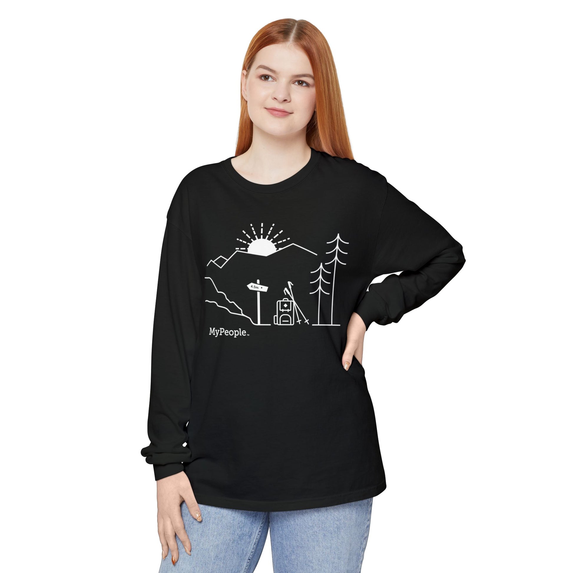 Person wearing a unisex long-sleeve shirt showing the front view with the MyPeople Hiking line illustration.

