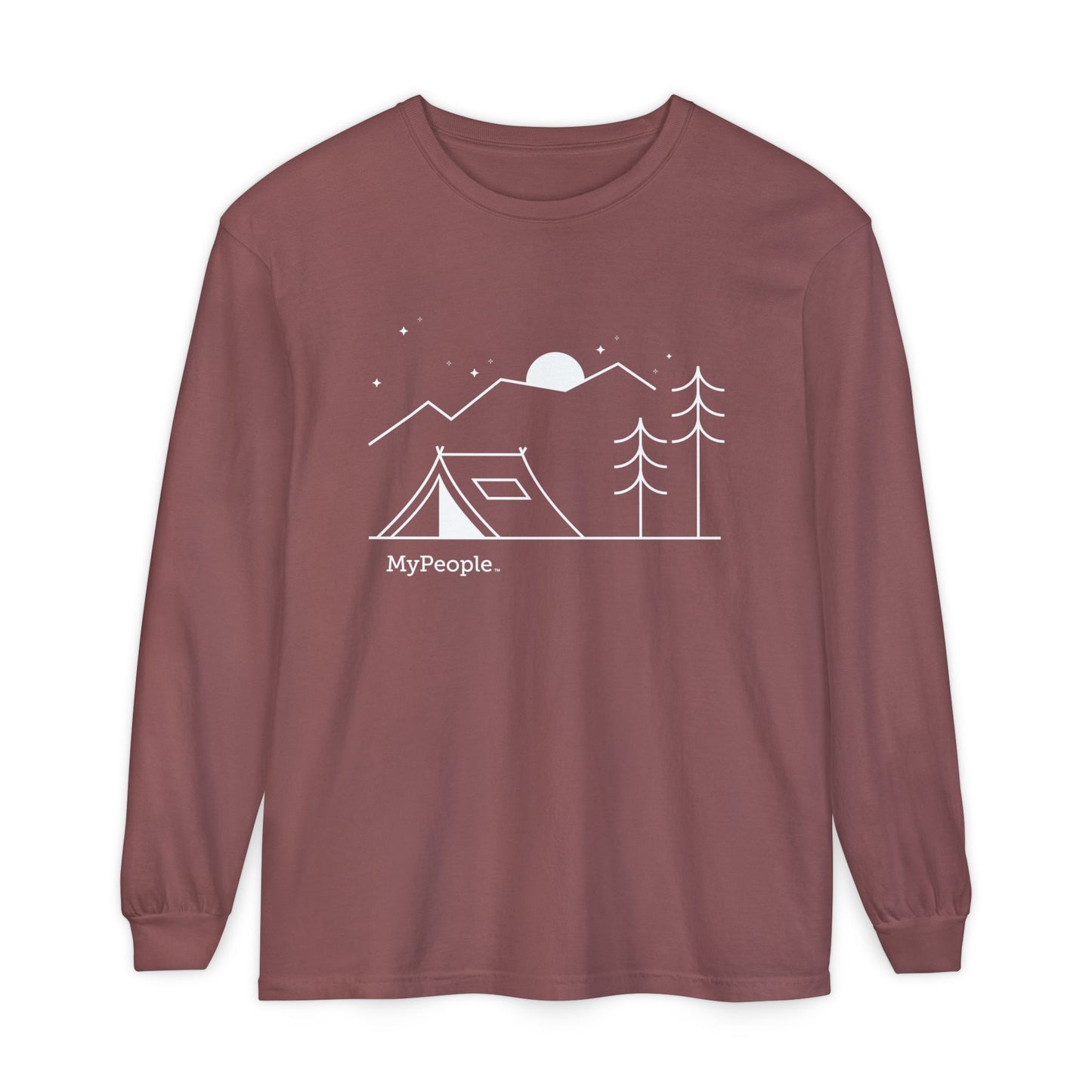 Line illustration of a tent beneath a tree with mountains, stars, and a moon, with the word MyPeople underneath on a unisex garment.