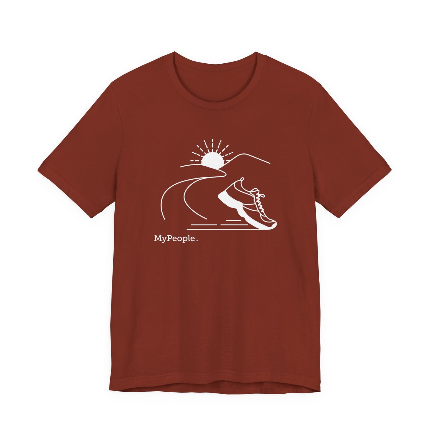 Line illustration of a running shoe with a road leading to mountains and a setting sun, with the word MyPeople underneath on a unisex garment.