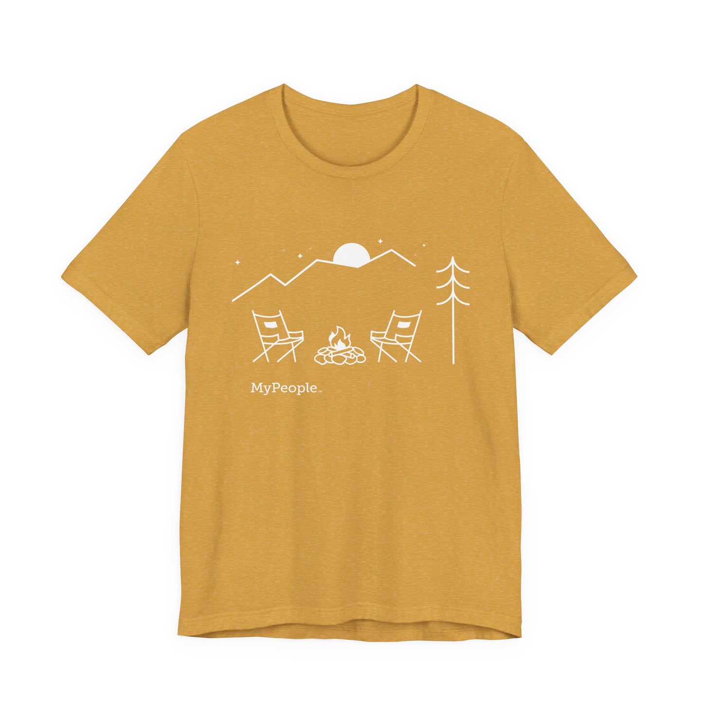 Line illustration of two chairs by a campfire under a tree with mountains and a night sky, with the word MyPeople underneath on a unisex garment.