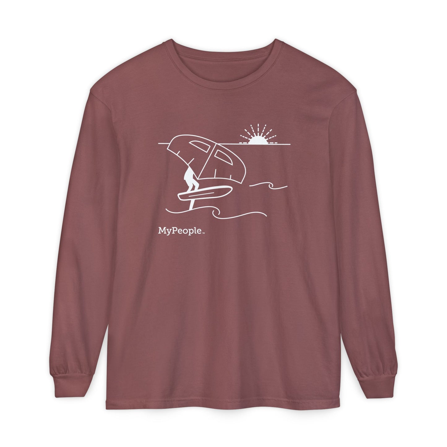 Line illustration of a person wing foiling on the water with a setting sun, with the word MyPeople underneath on a unisex garment.