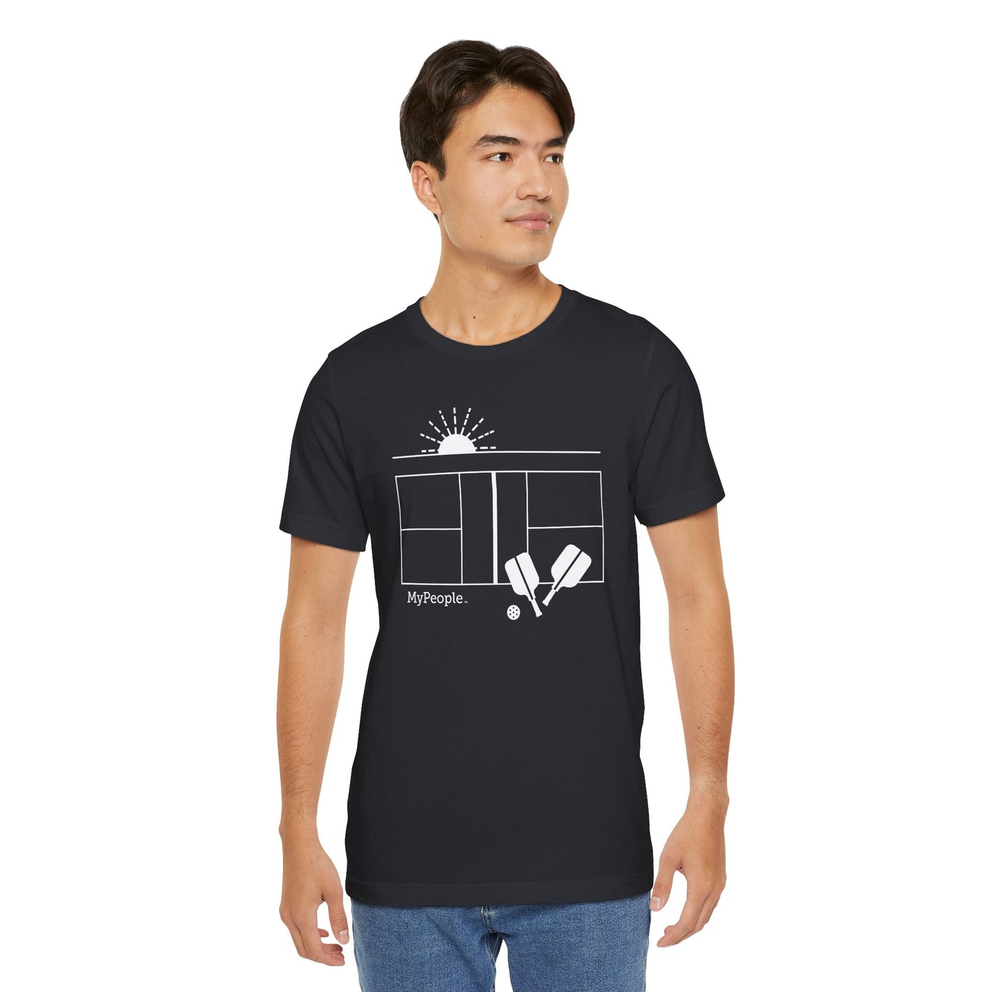Person wearing a unisex t-shirt showing the front view with the MyPeople Pickleball line illustration.
