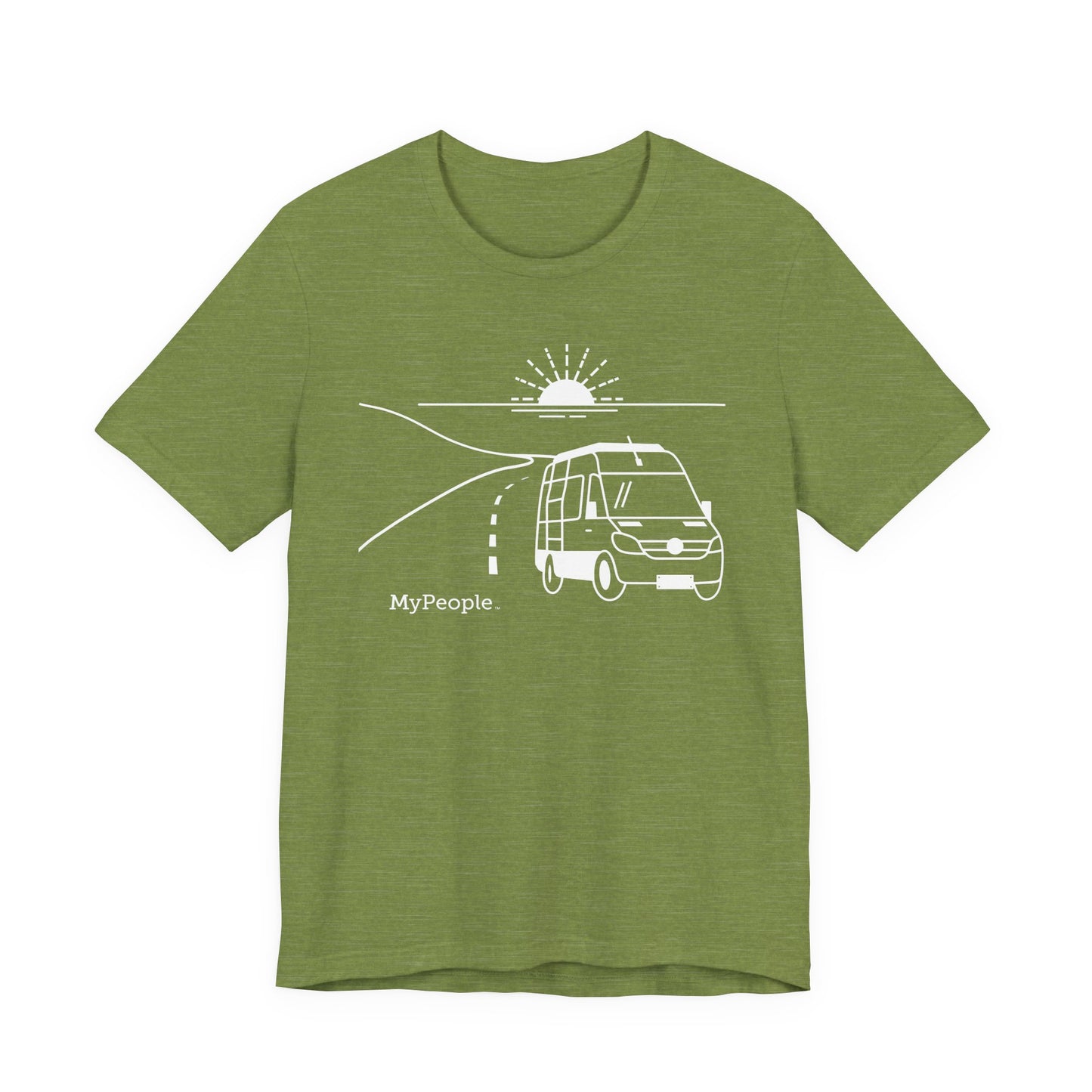Line illustration of a camper van on a highway with a setting sun, with the word MyPeople underneath on a unisex garment.