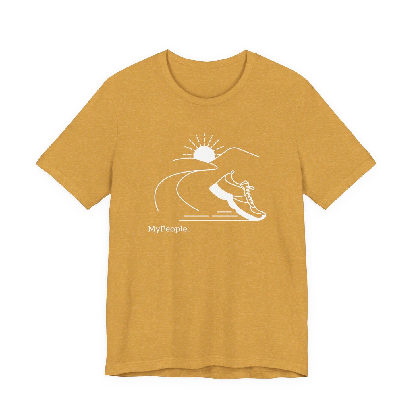 Line illustration of a running shoe with a road leading to mountains and a setting sun, with the word MyPeople underneath on a unisex garment.