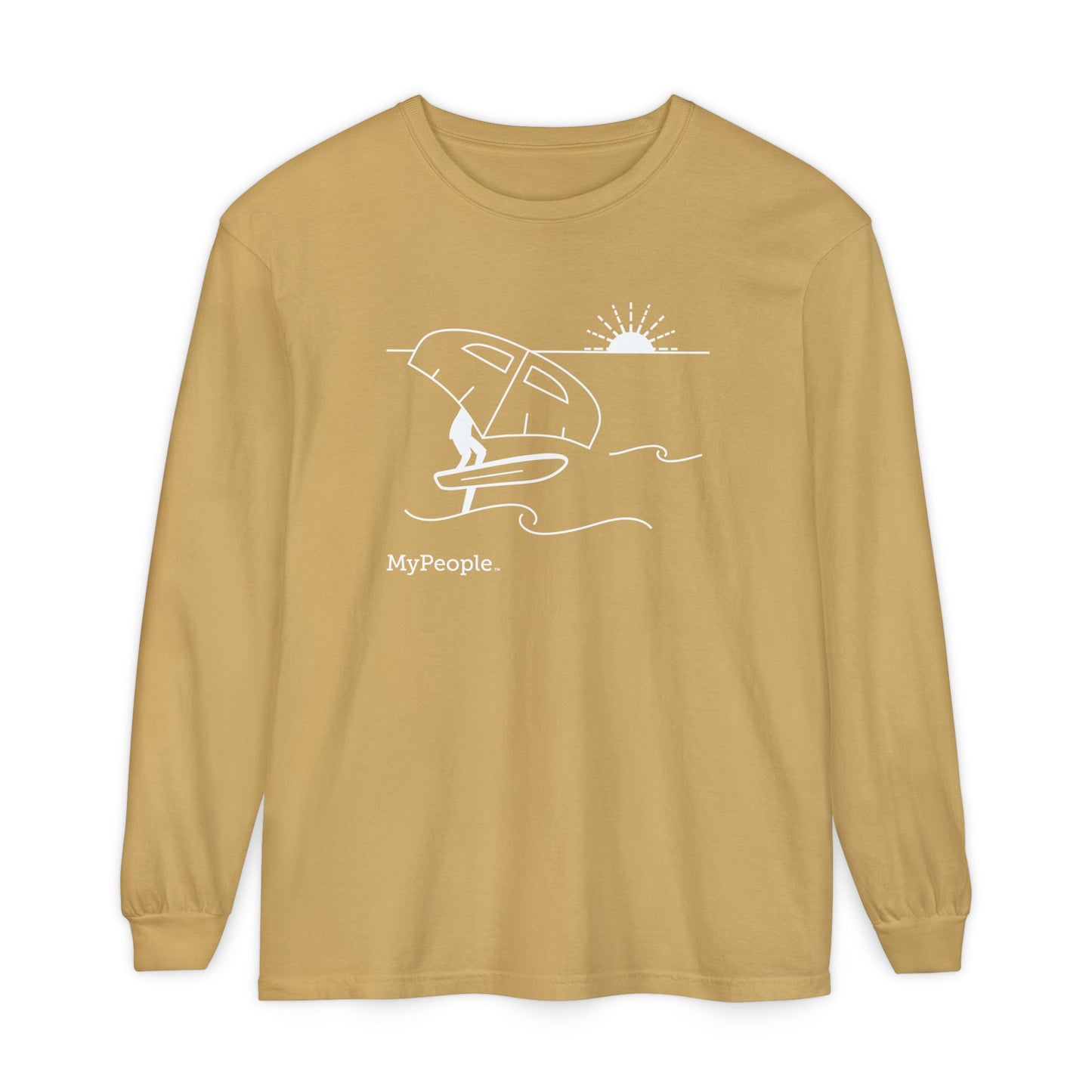 Line illustration of a person wing foiling on the water with a setting sun, with the word MyPeople underneath on a unisex garment.