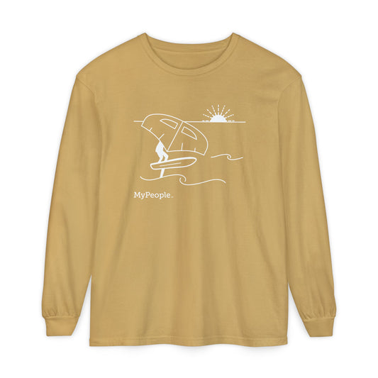 Line illustration of a person wing foiling on the water with a setting sun, with the word MyPeople underneath on a unisex garment.