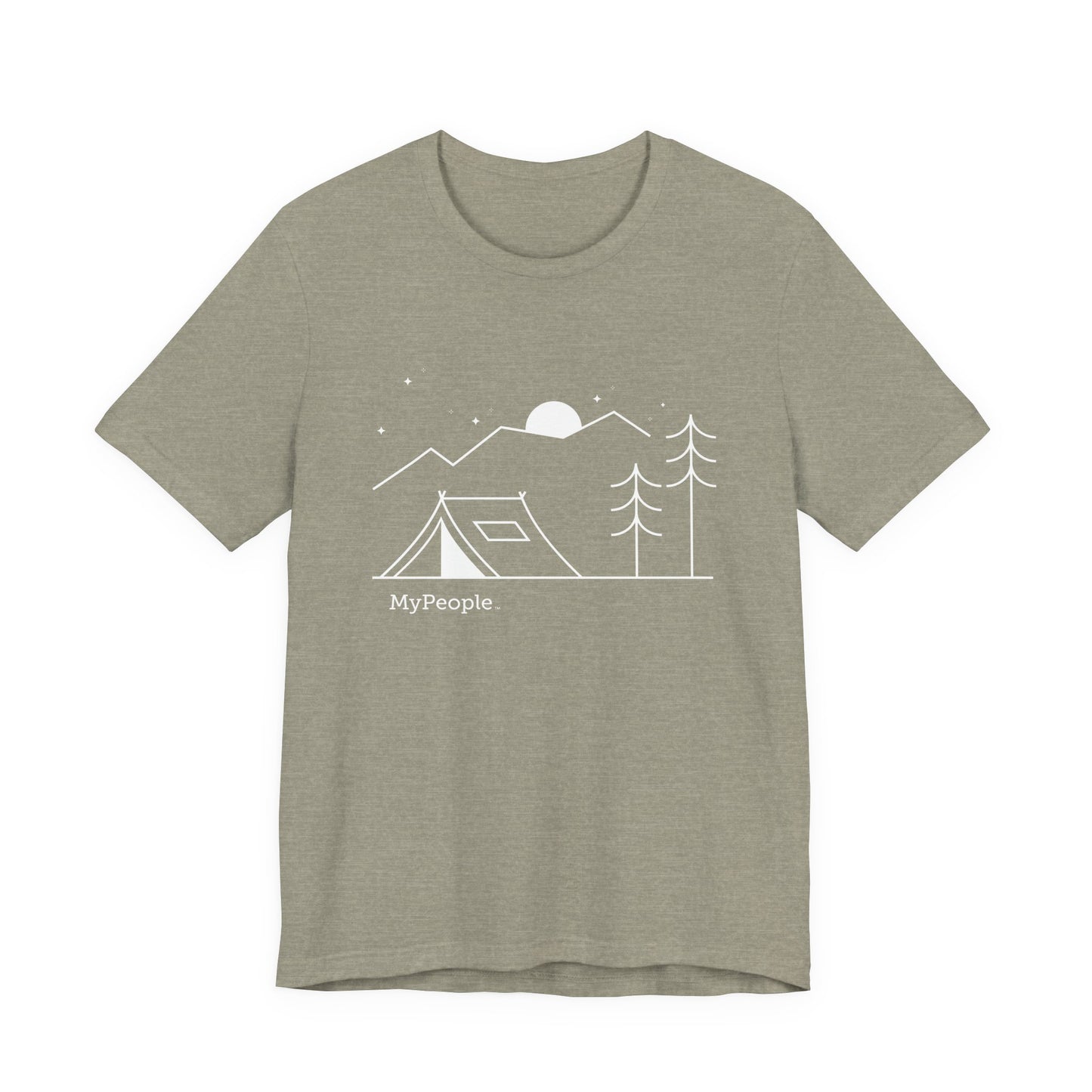 Line illustration of a tent beneath a tree with mountains, stars, and a moon, with the word MyPeople underneath on a unisex garment.