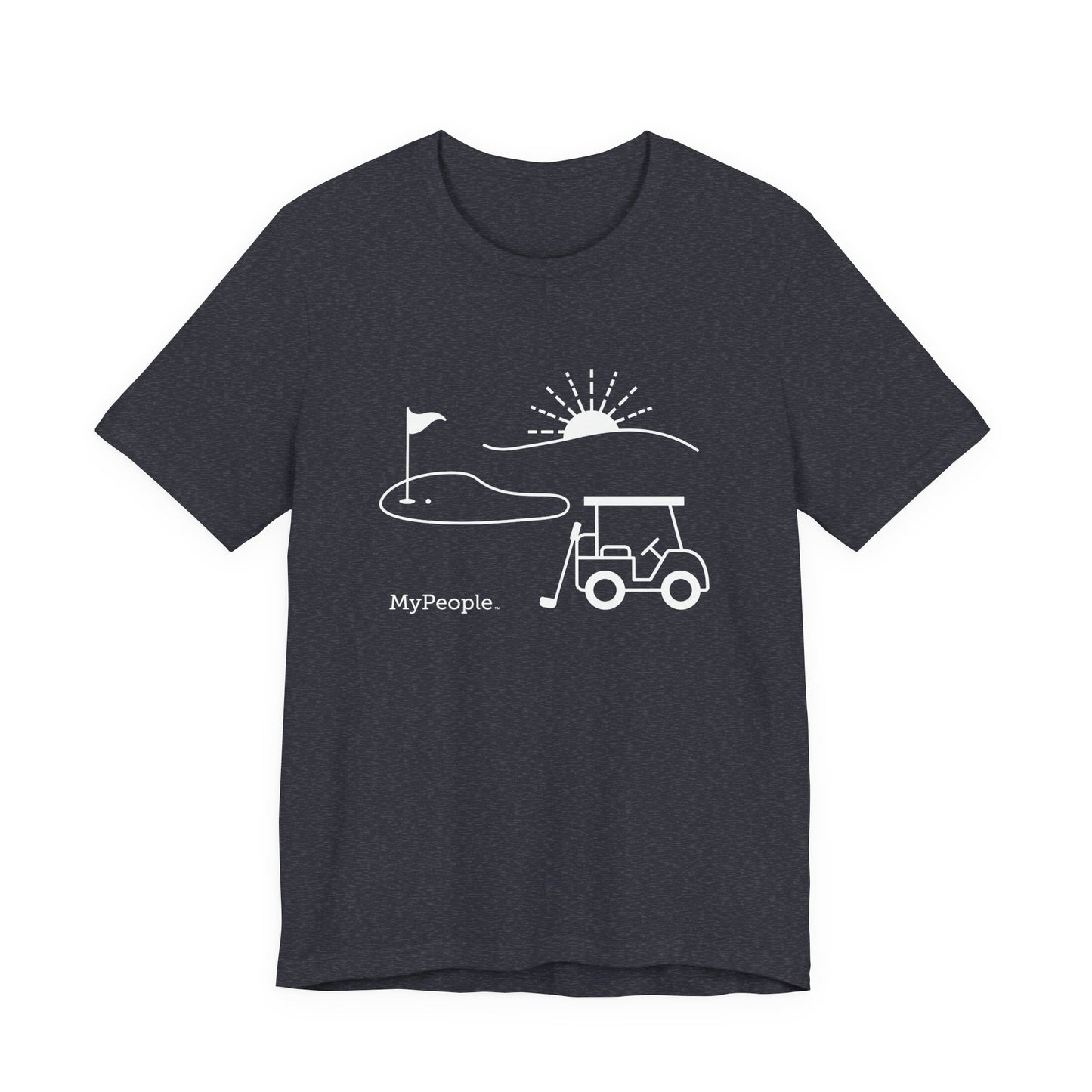 Line illustration of a golf cart, club, and green with a setting sun, with the word MyPeople underneath on a unisex garment.