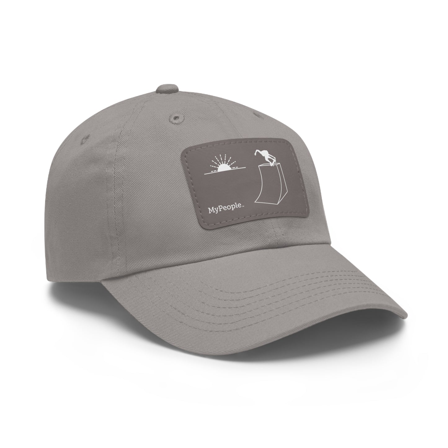 Angled view of a hat with a leather patch printed with the MyPeople Skating line illustration.
