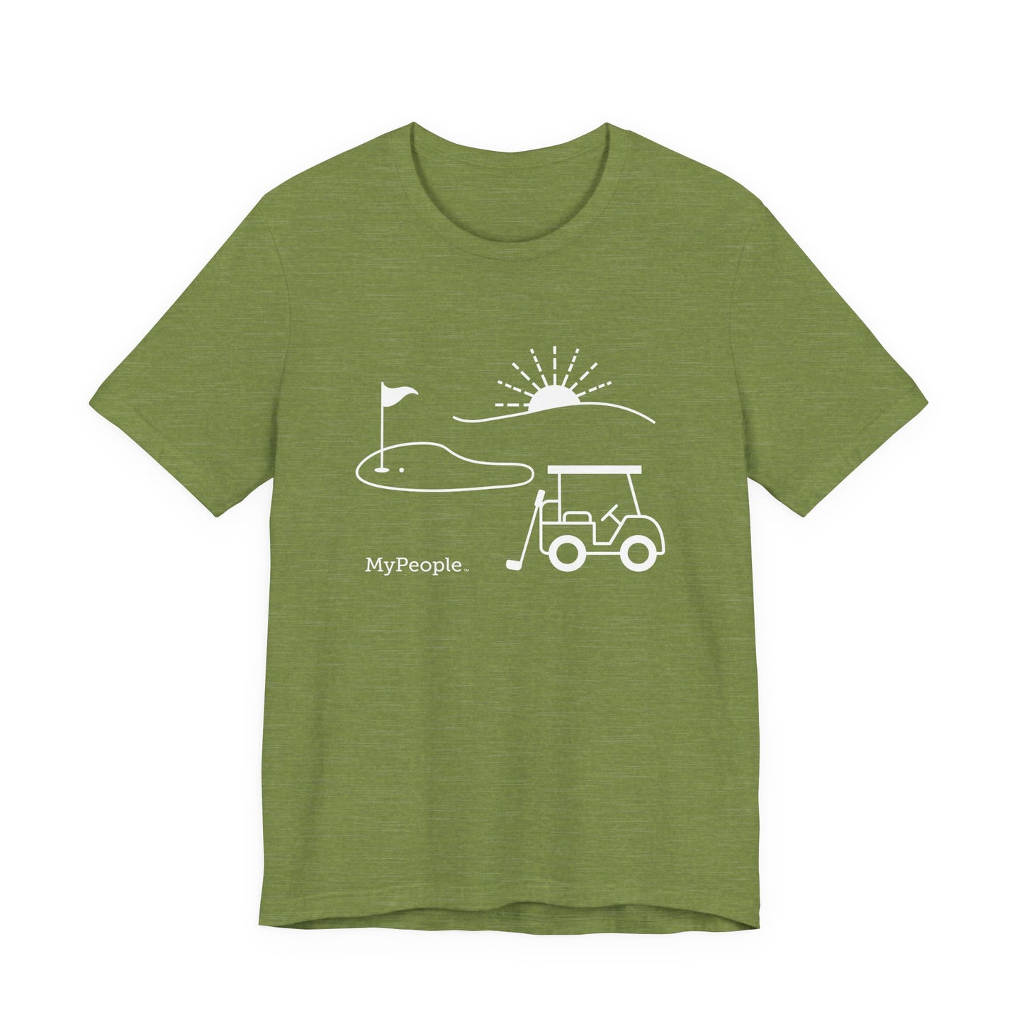 line illustration of a golf cart with a club leaning against it, with a golf green, flag, and a setting sun behind it, with the word MyPeople underneath on a unisex t-shirt.