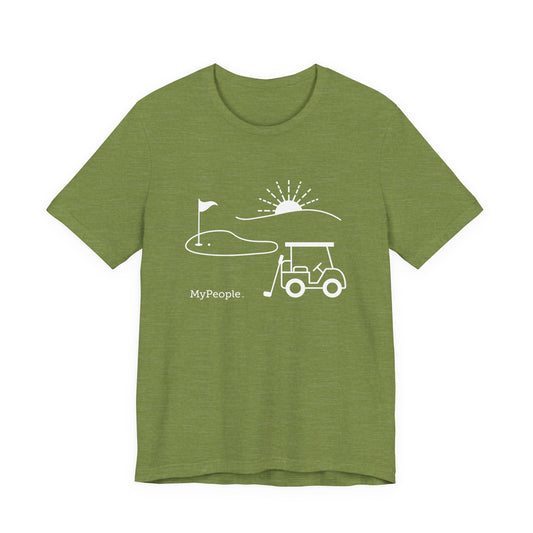 line illustration of a golf cart with a club leaning against it, with a golf green, flag, and a setting sun behind it, with the word MyPeople underneath on a unisex t-shirt.