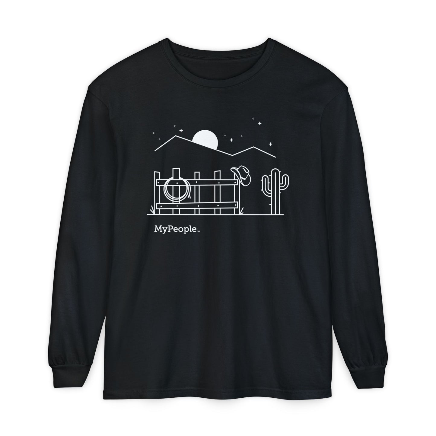 Line illustration of a fence with a cowboy hat, rope, and boots, with stars and a moon in the night sky, with the word MyPeople underneath on a unisex long-sleeve shirt.