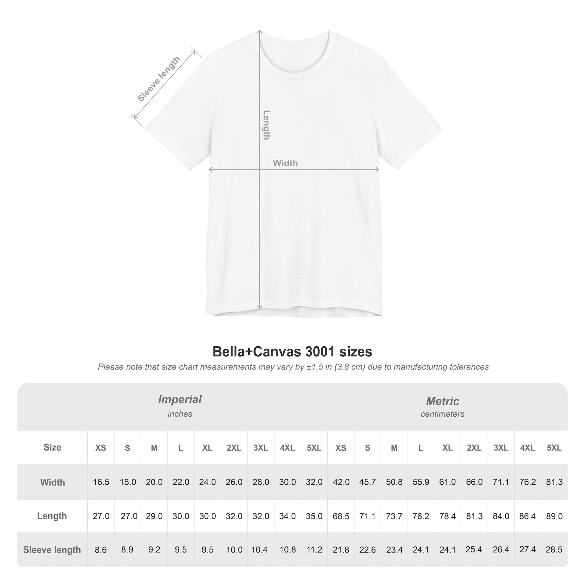Unisex t-shirt size chart with measurements for all sizes.
