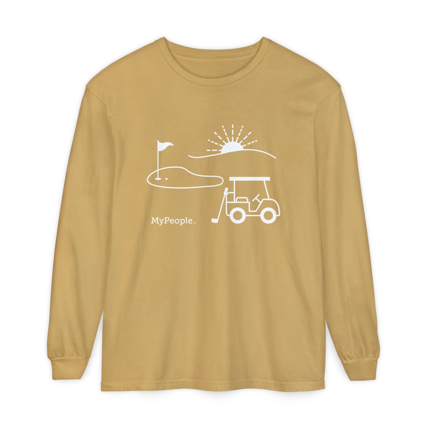 Line illustration of a golf cart, club, and green with a setting sun, with the word MyPeople underneath on a unisex garment.