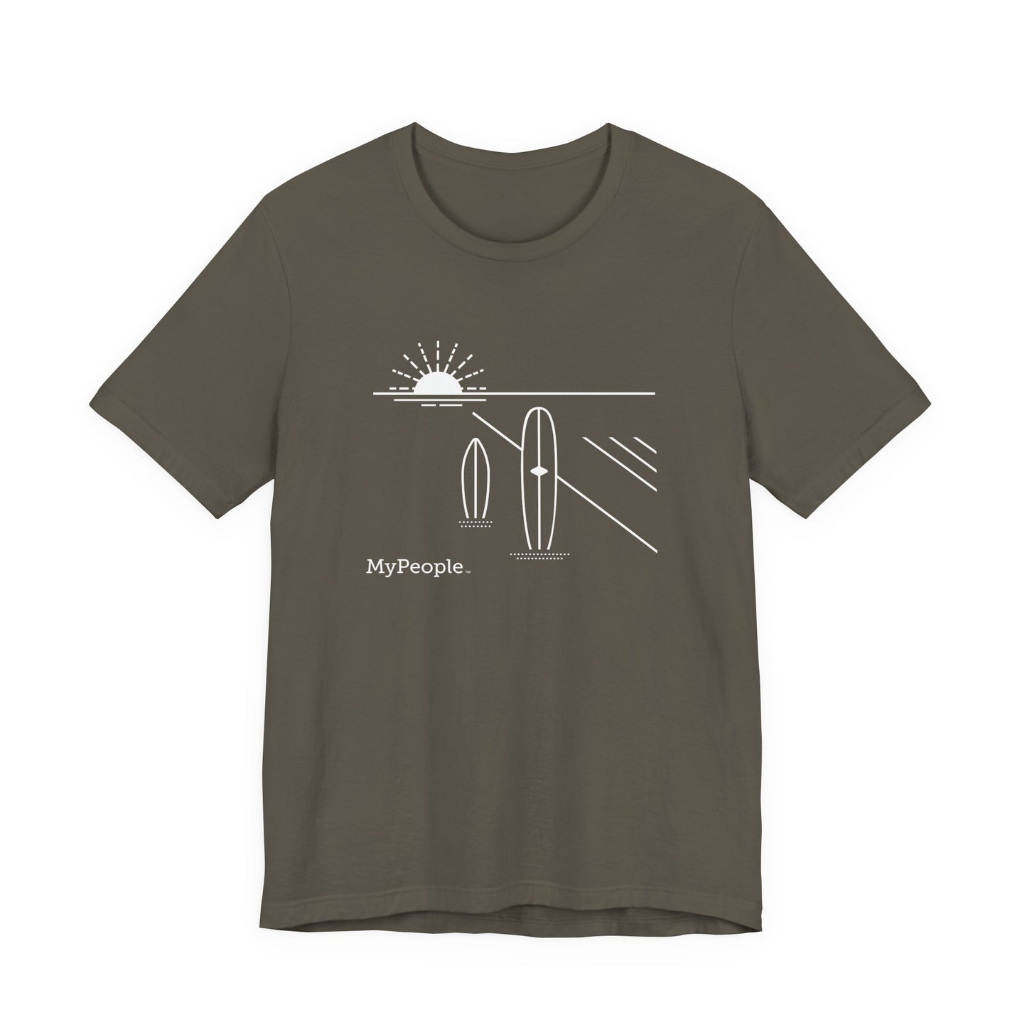 Line illustration of two surfboards standing upright in the sand with a setting sun, with the word MyPeople underneath on a unisex garment.