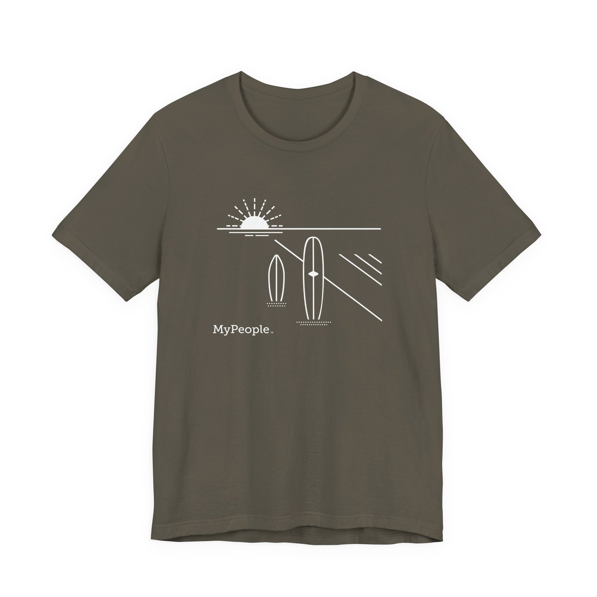 Line illustration of two surfboards standing upright in the sand with a setting sun, with the word MyPeople underneath on a unisex garment.
