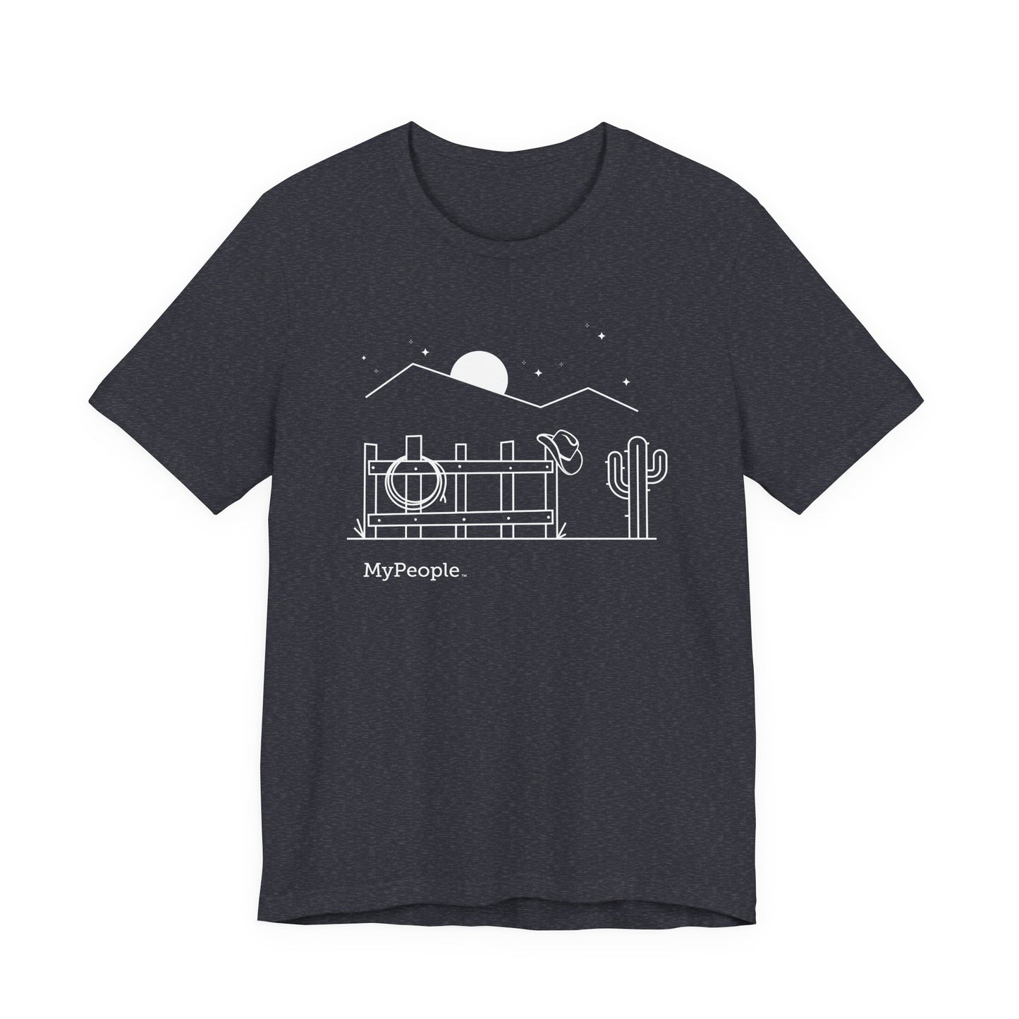 Line illustration of a fence with a cowboy hat, rope, and boots under a night sky, with the word MyPeople underneath on a unisex garment.