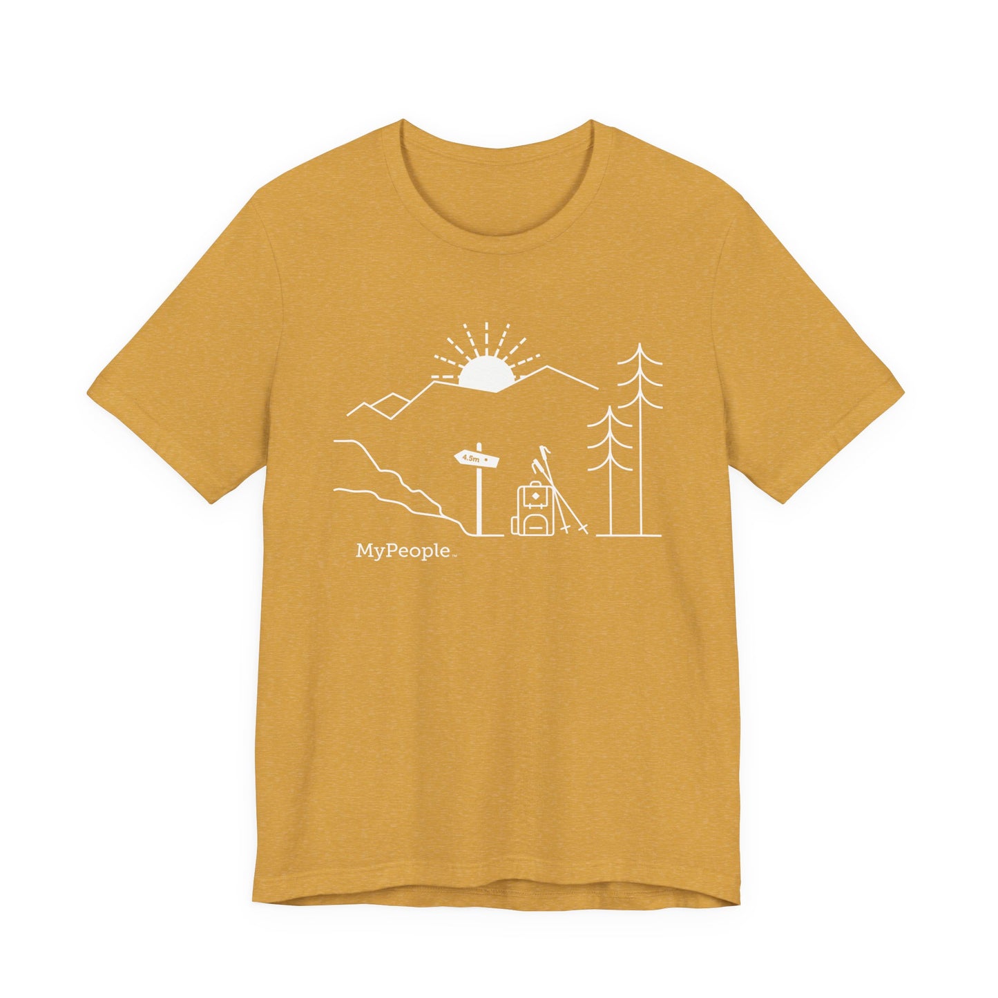 line illustration of a backpack and hiking poles beside a trail sign, with a tree, mountains, and a setting sun, with the word MyPeople underneath on a unisex t-shirt.