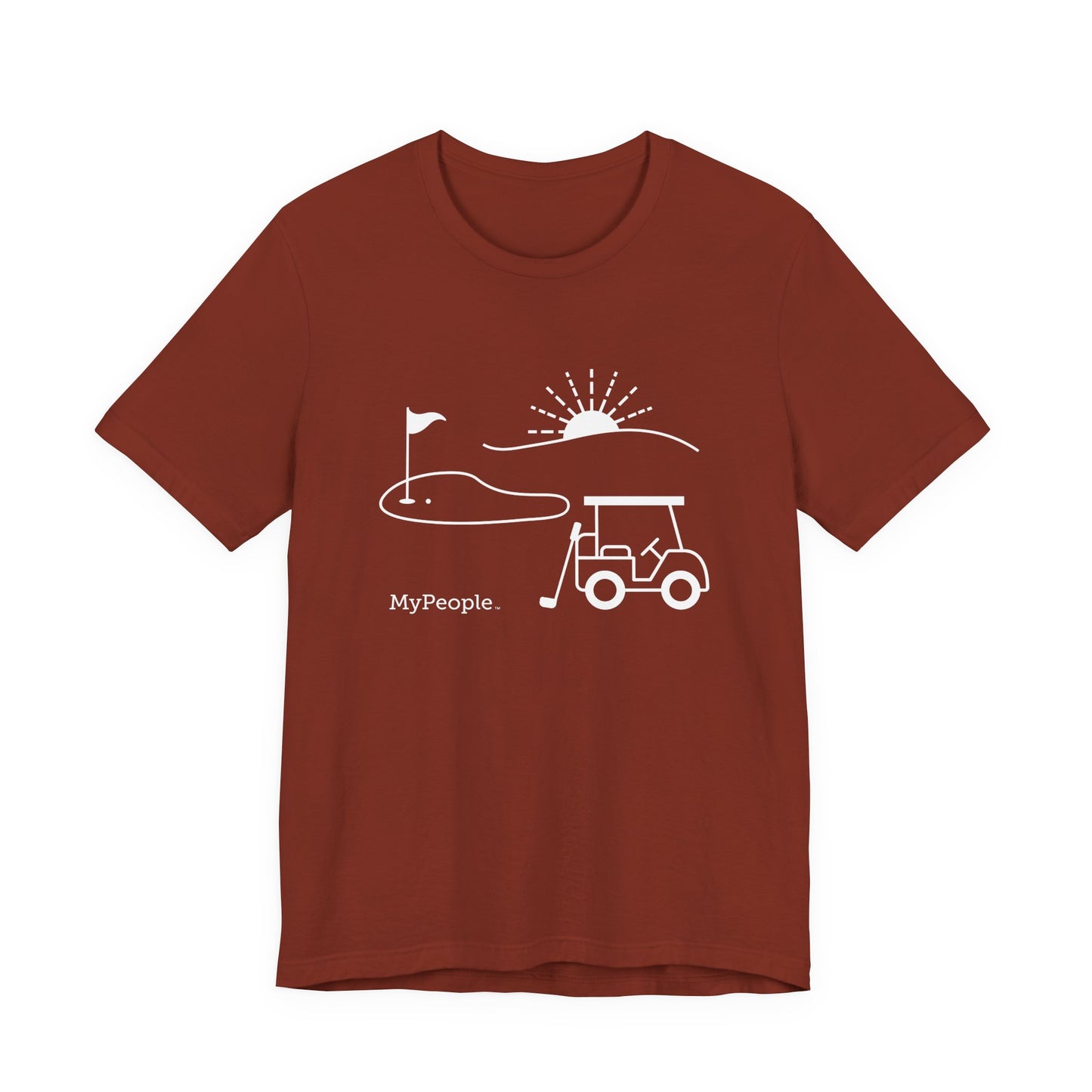 Line illustration of a golf cart, club, and green with a setting sun, with the word MyPeople underneath on a unisex garment.