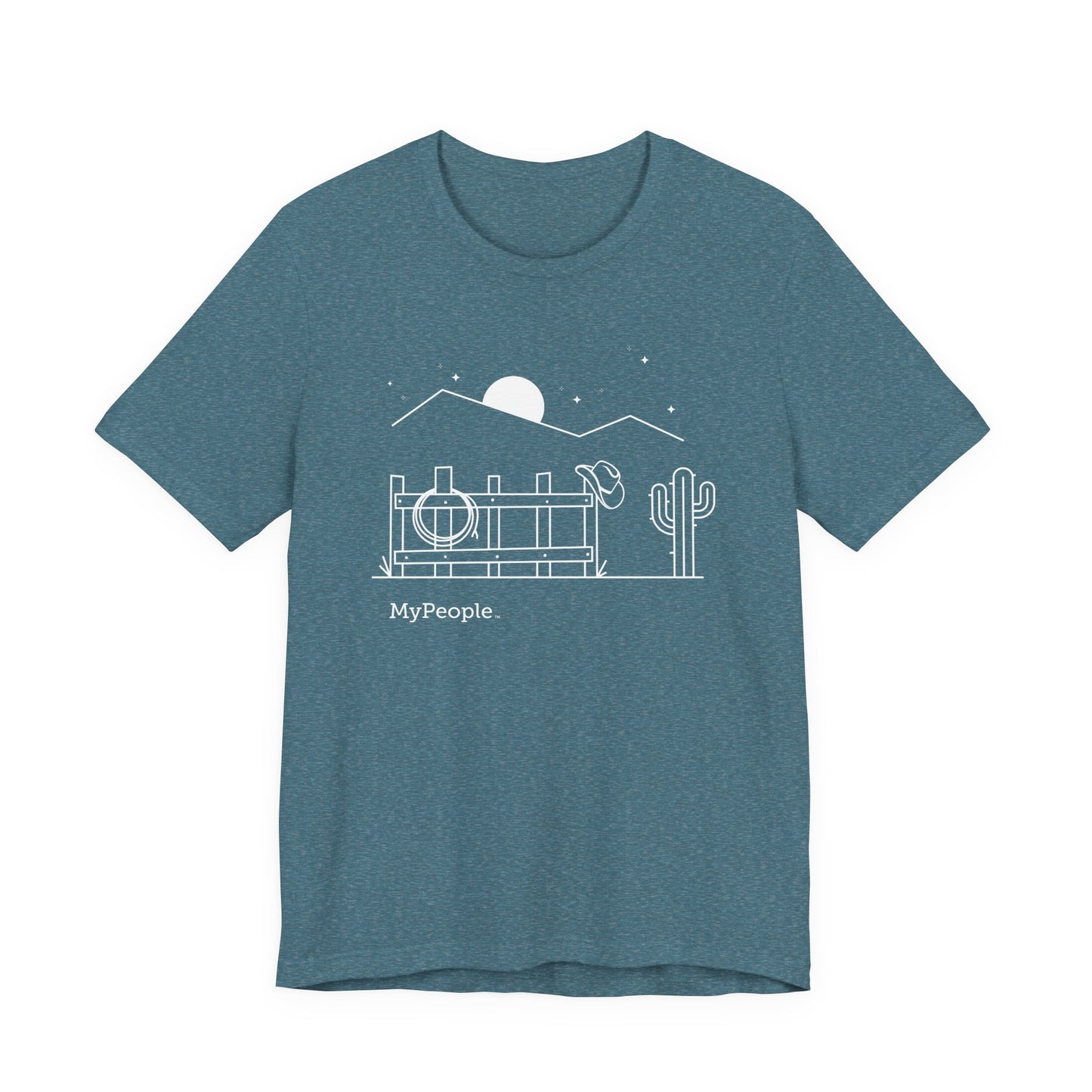 Line illustration of a fence with a cowboy hat, rope, and boots under a night sky, with the word MyPeople underneath on a unisex garment.