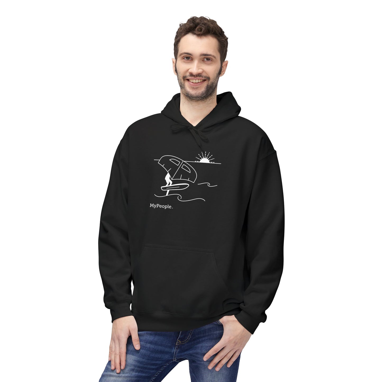 Person wearing a unisex hoodie showing the front view with the MyPeople Wing Foiling line illustration.
