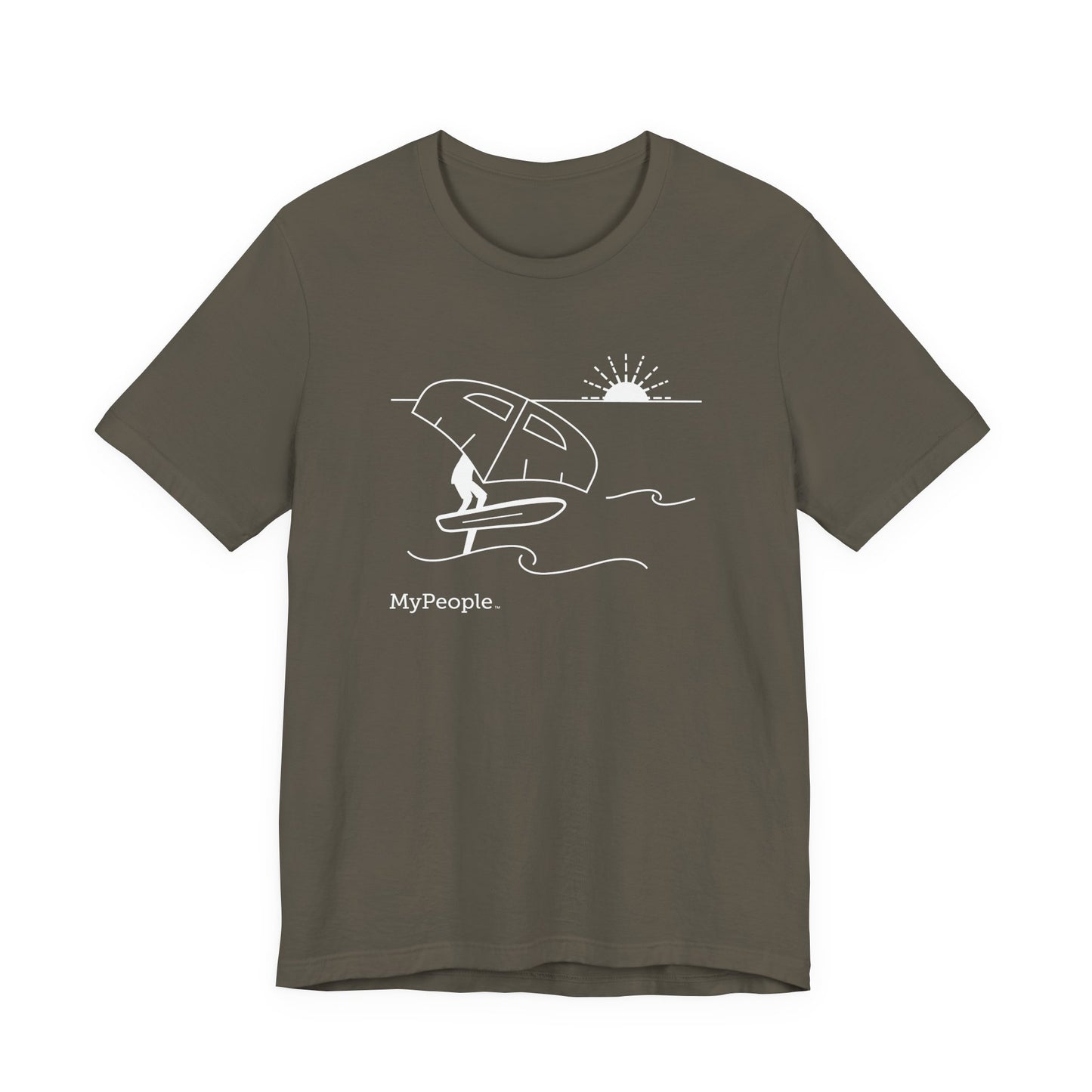 Line illustration of a person wing foiling on the water with a setting sun, with the word MyPeople underneath on a unisex garment.