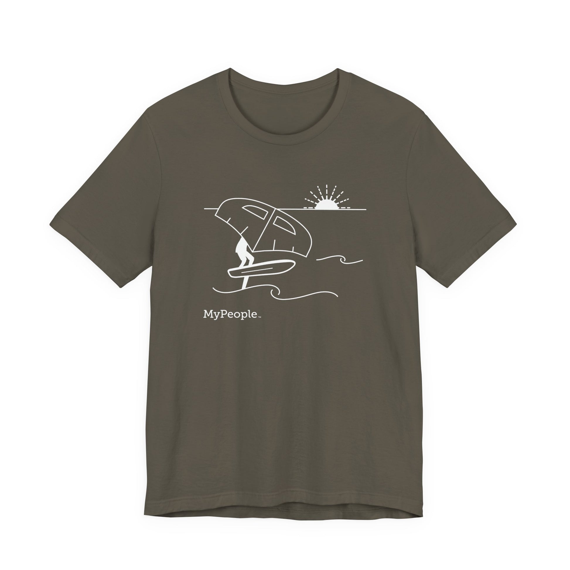 Line illustration of a person wing foiling on the water with a setting sun, with the word MyPeople underneath on a unisex garment.
