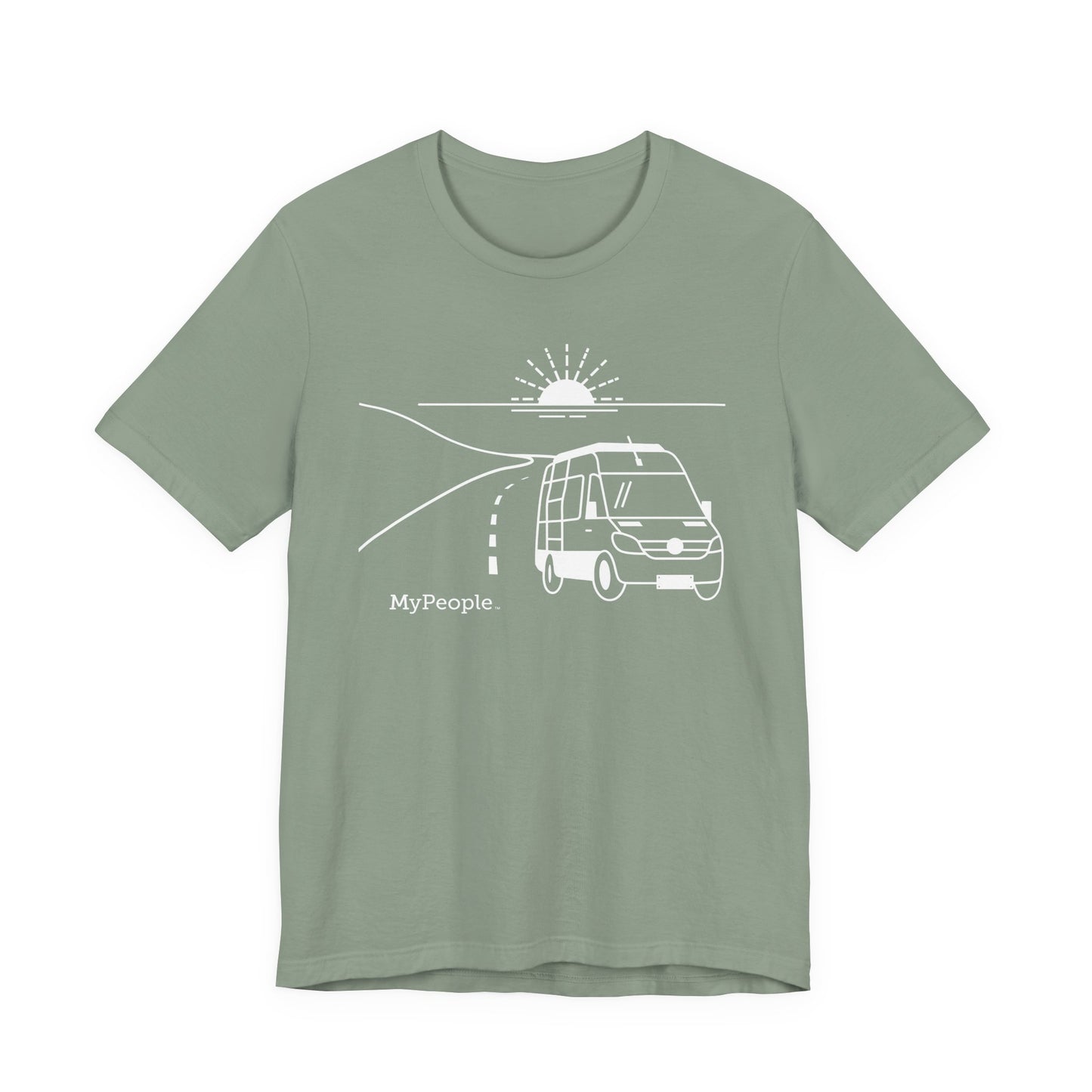 Line illustration of a camper van on a highway with a setting sun, with the word MyPeople underneath on a unisex garment.