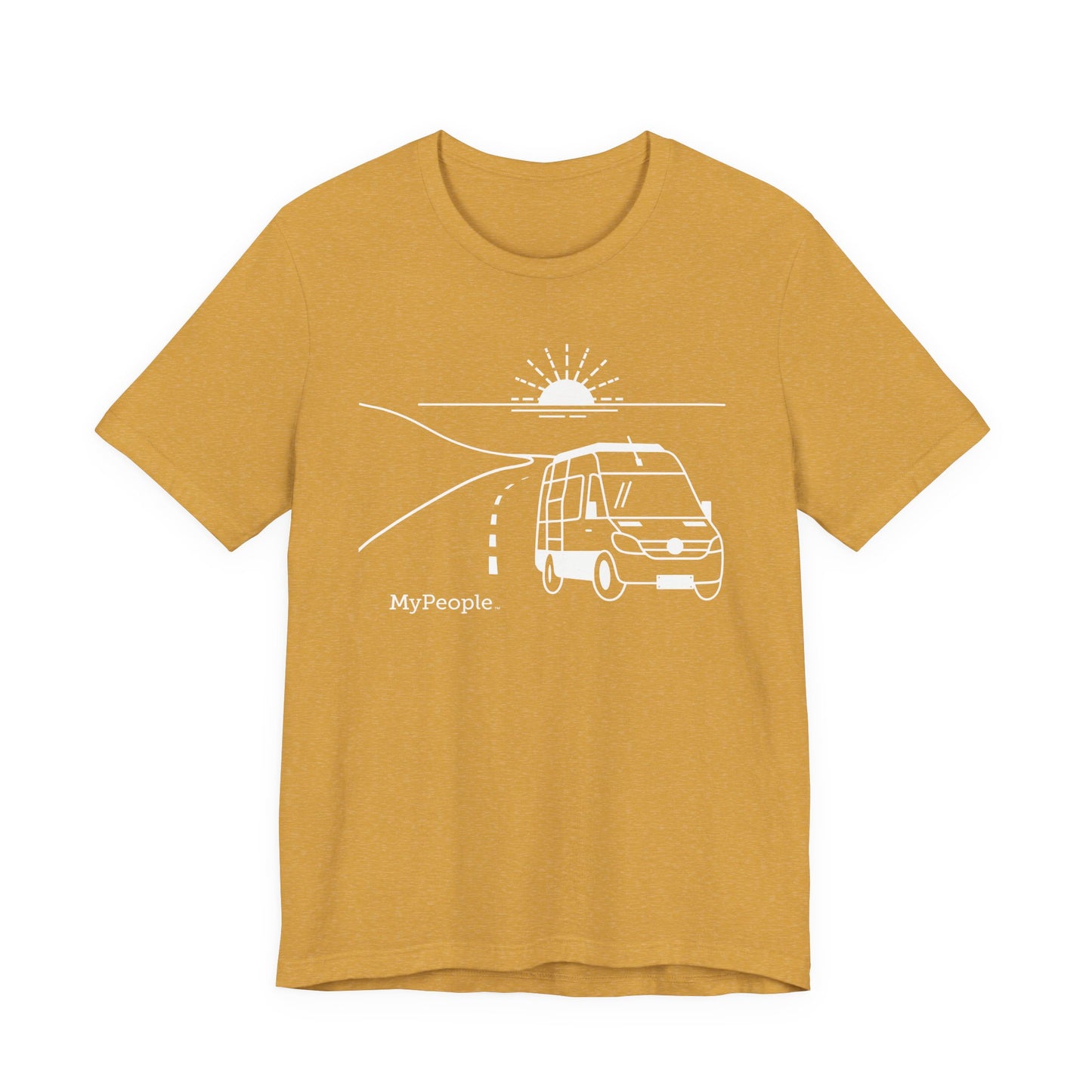 Line illustration of a camper van on a highway with a setting sun, with the word MyPeople underneath on a unisex garment.