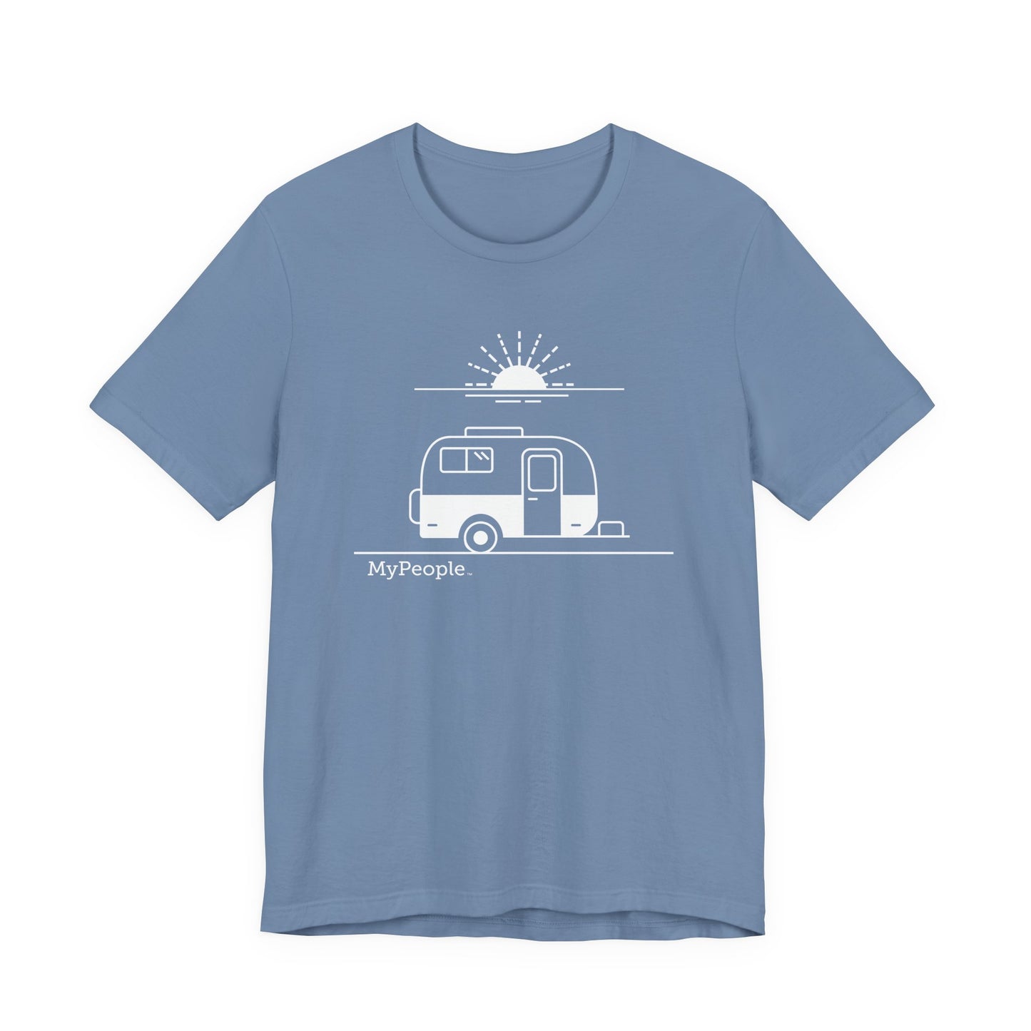 Line illustration of a vintage fiberglass trailer with a setting sun, with the word MyPeople underneath on a unisex garment.