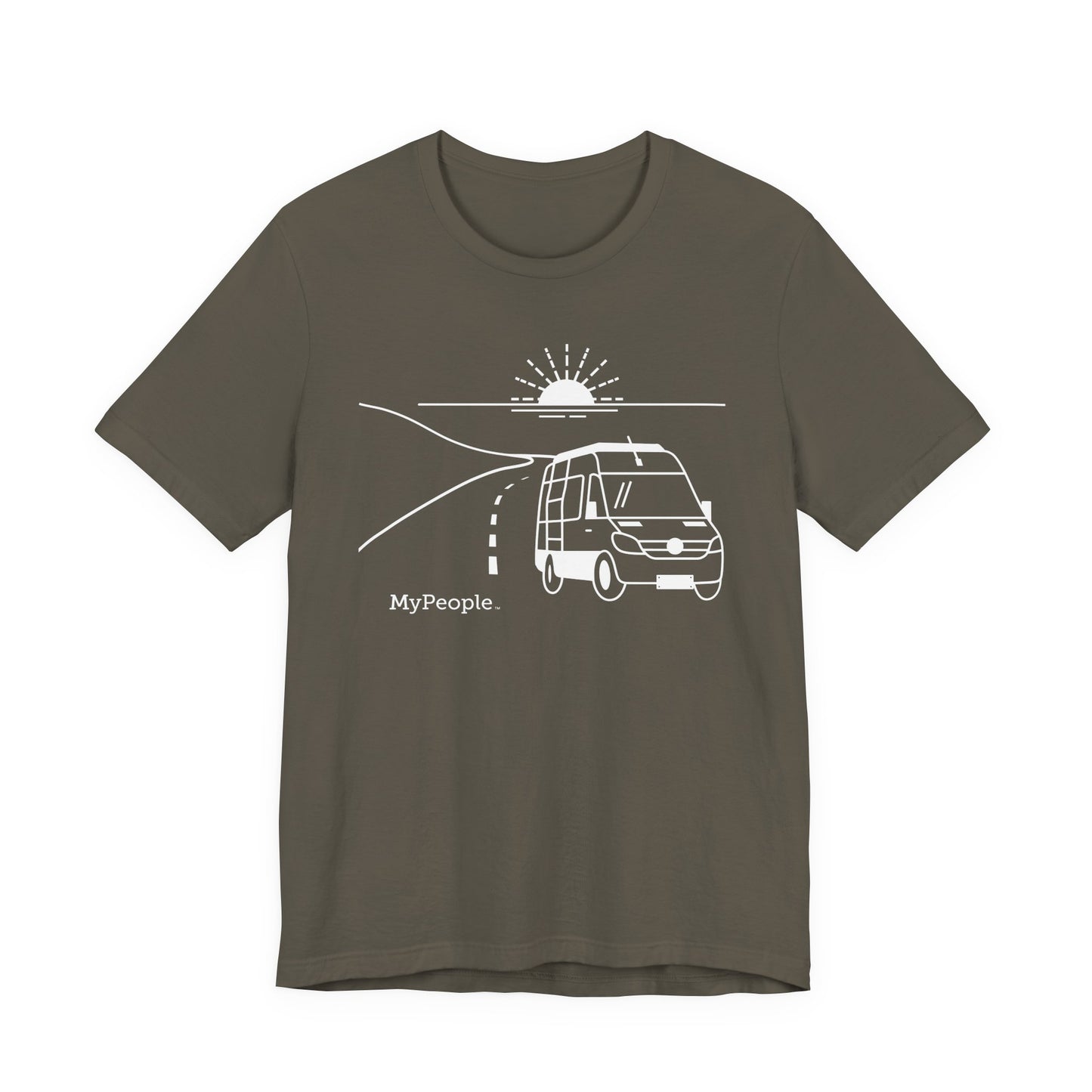 Line illustration of a camper van on a highway with a setting sun, with the word MyPeople underneath on a unisex garment.