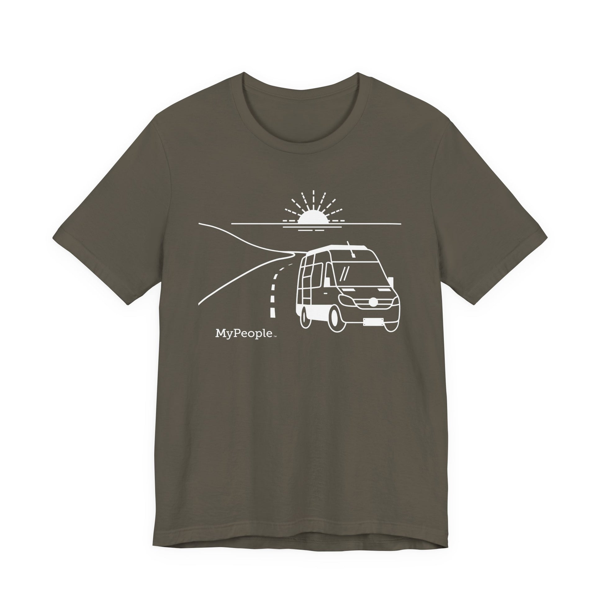 Line illustration of a camper van on a highway with a setting sun, with the word MyPeople underneath on a unisex garment.