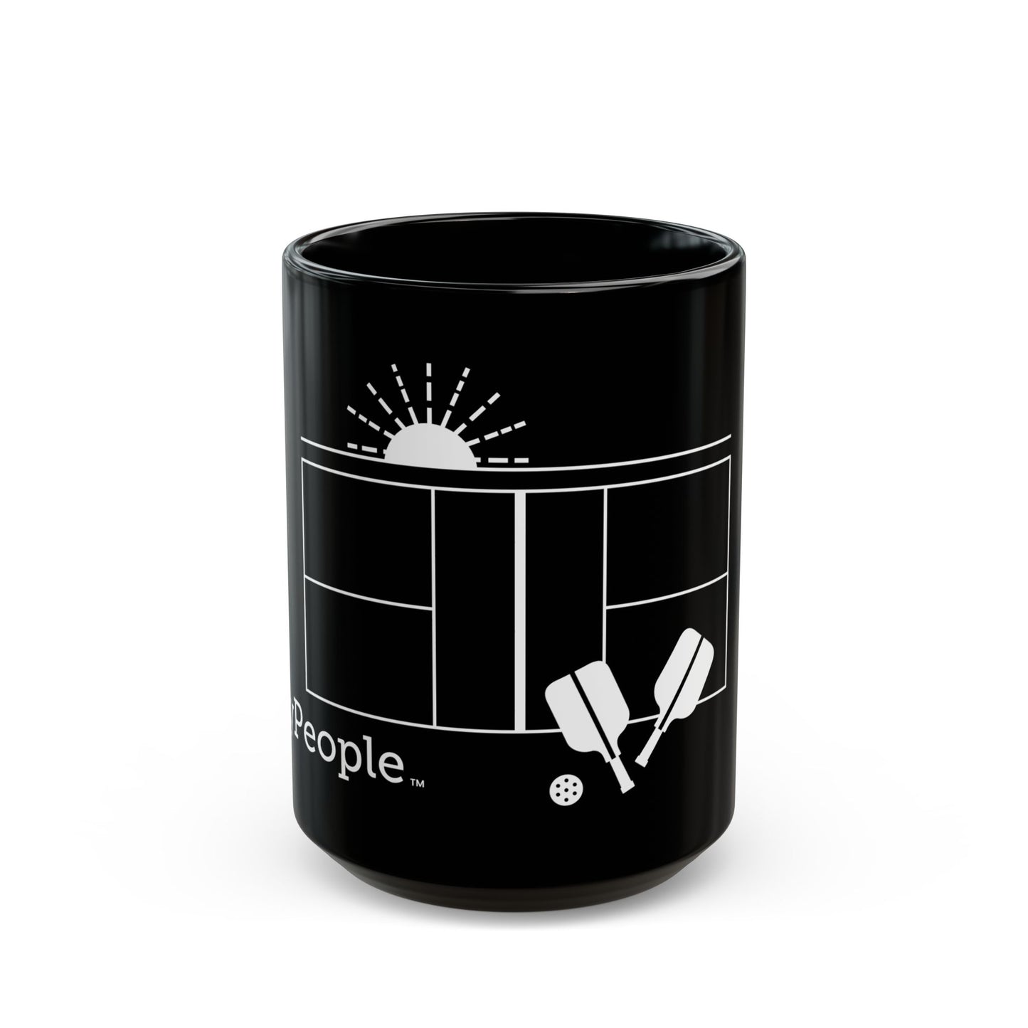 Line illustration of a pickleball court with paddles, a ball, and a setting sun, with the word MyPeople underneath printed on a ceramic mug.