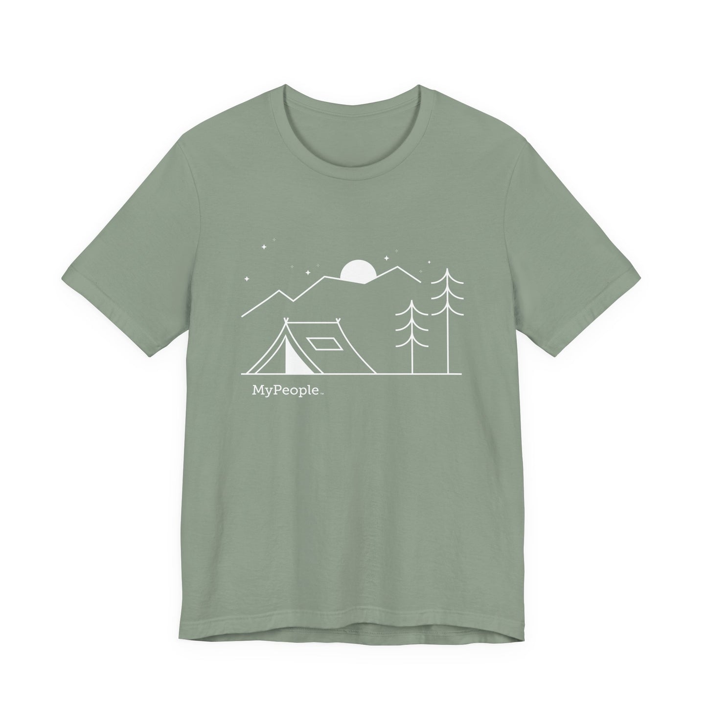 Line illustration of a tent beneath a tree with mountains, stars, and a moon, with the word MyPeople underneath on a unisex garment.