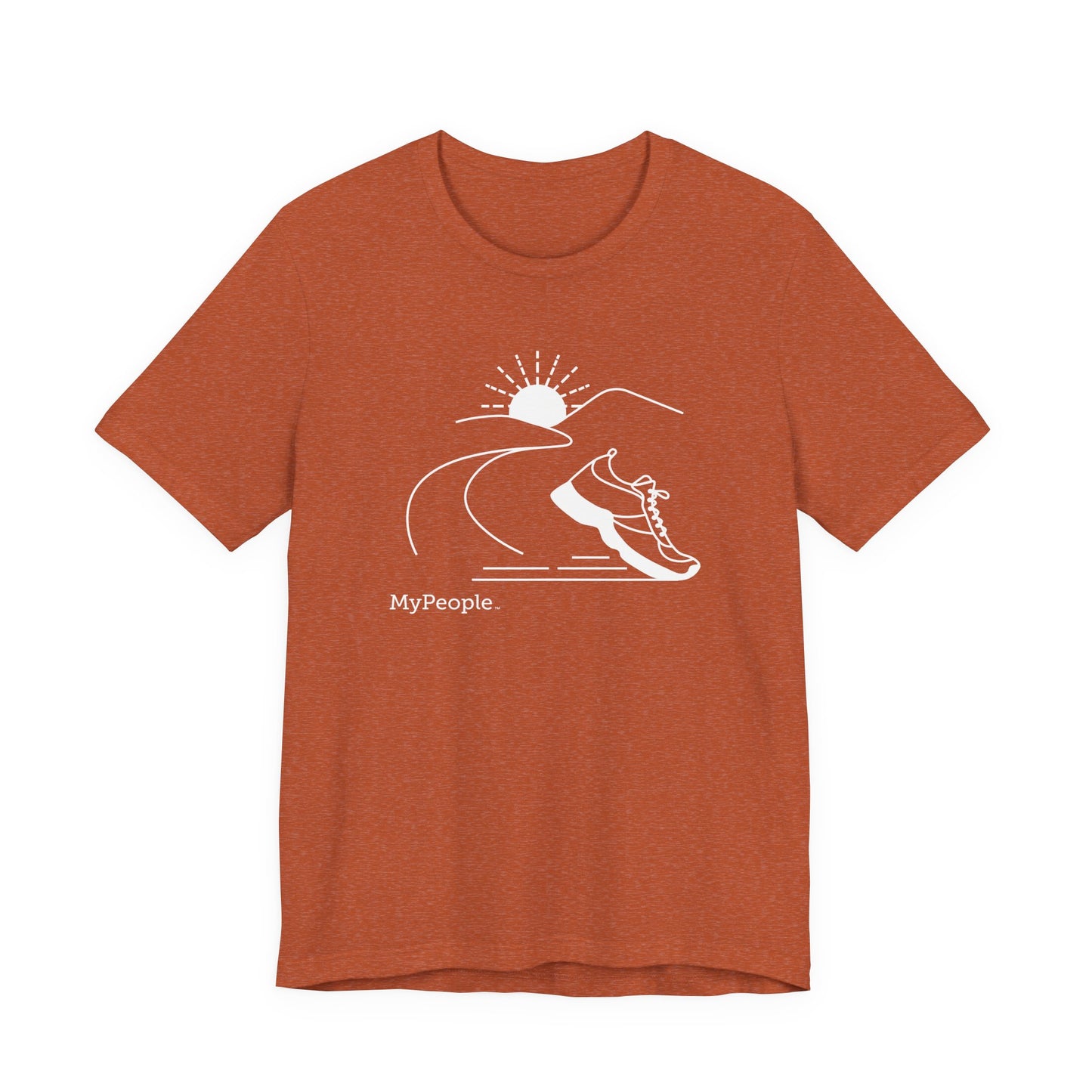 Line illustration of a running shoe with a road leading to mountains and a setting sun, with the word MyPeople underneath on a unisex garment.
