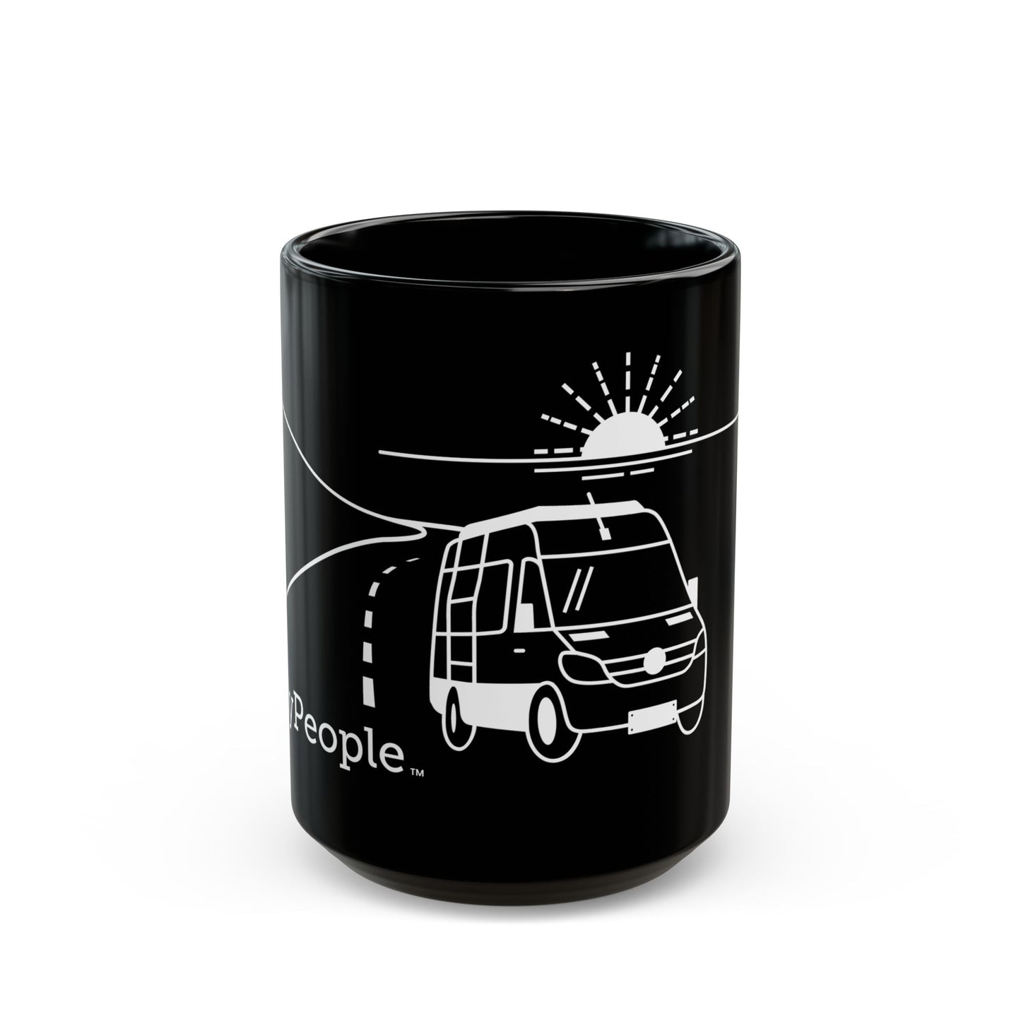 Line illustration of a camper van on the highway with a setting sun in the background, with the word MyPeople underneath printed on a ceramic mug.