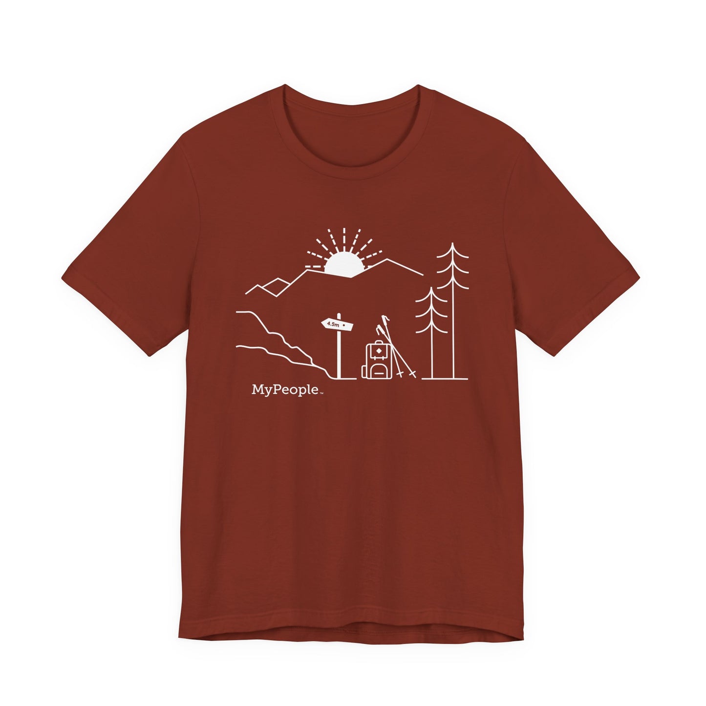 Line illustration of a backpack and hiking poles beside a trail sign with mountains and a setting sun, with the word MyPeople underneath on a unisex garment.