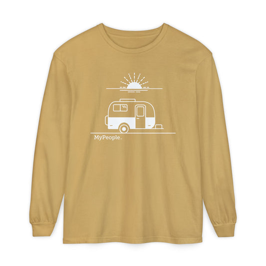 Line illustration of a vintage fiberglass trailer with a setting sun, with the word MyPeople underneath on a unisex garment.
