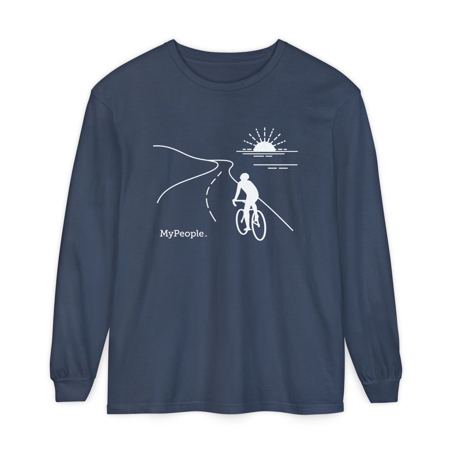 Line illustration of a road cyclist riding along a coastal highway at sunset, with the word MyPeople underneath on a unisex garment.