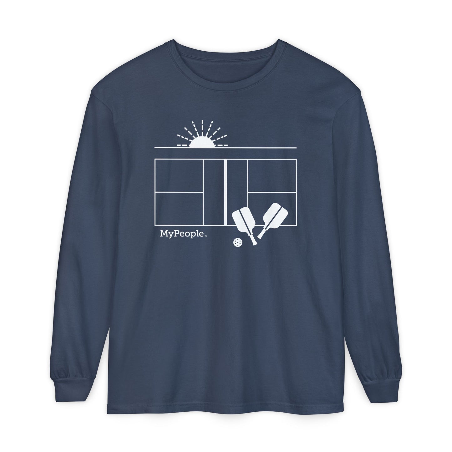 Line illustration of a pickleball court with paddles, a ball, and a setting sun, with the word MyPeople underneath on a unisex garment.