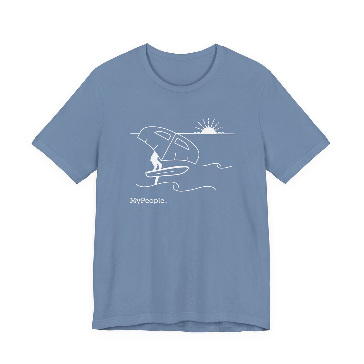 Line illustration of a person wing foiling on the water with a setting sun, with the word MyPeople underneath on a unisex garment.