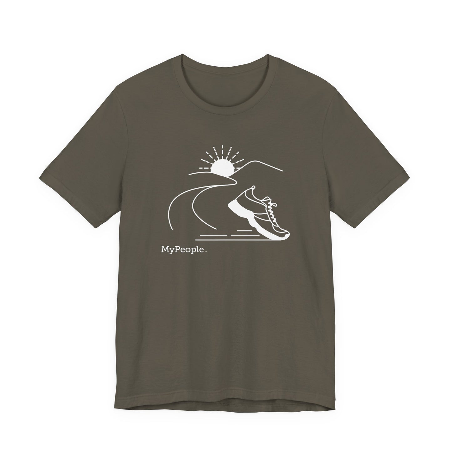 Line illustration of a running shoe with a road leading to mountains and a setting sun, with the word MyPeople underneath on a unisex garment.
