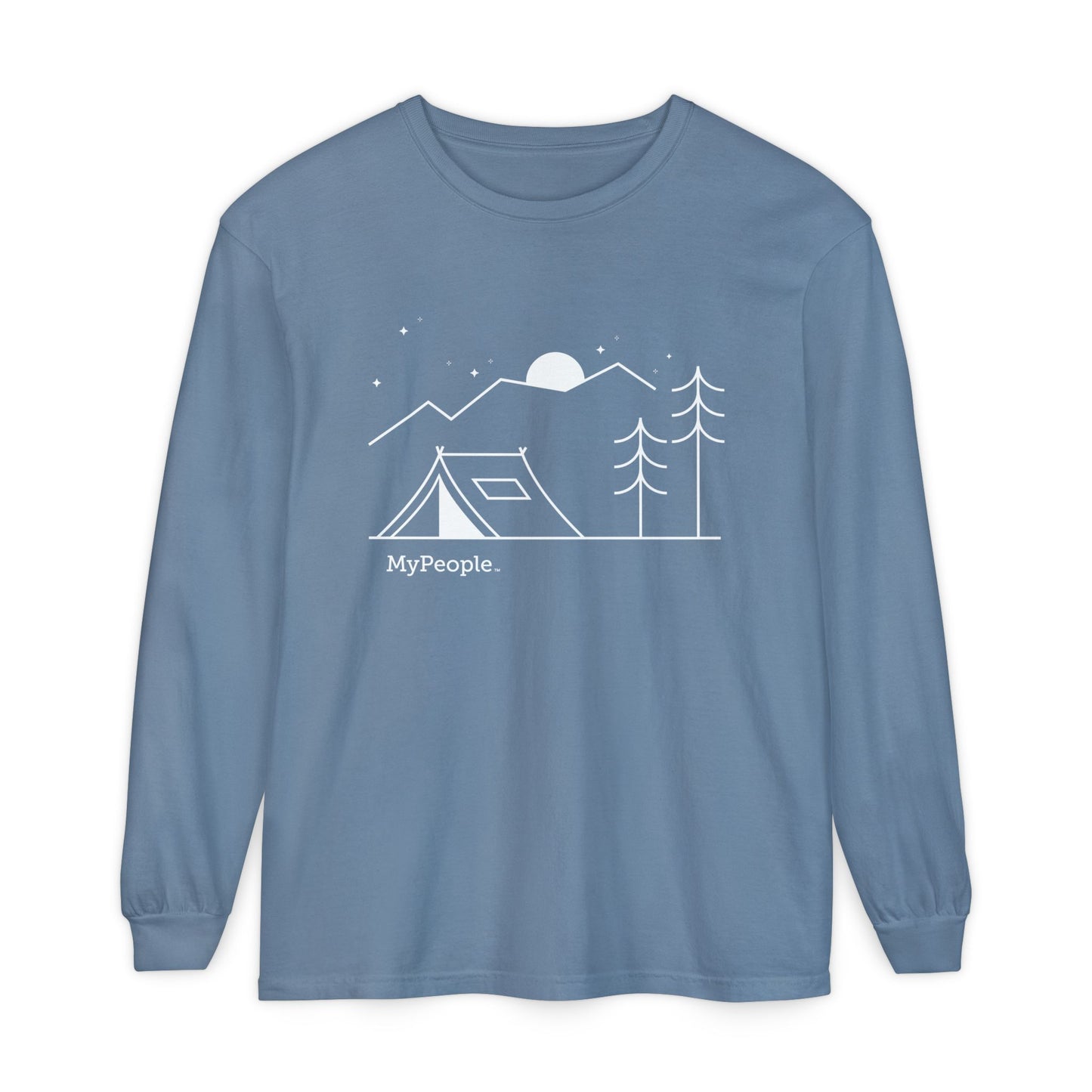 Line illustration of a tent beneath a tree with mountains, stars, and a moon, with the word MyPeople underneath on a unisex garment.