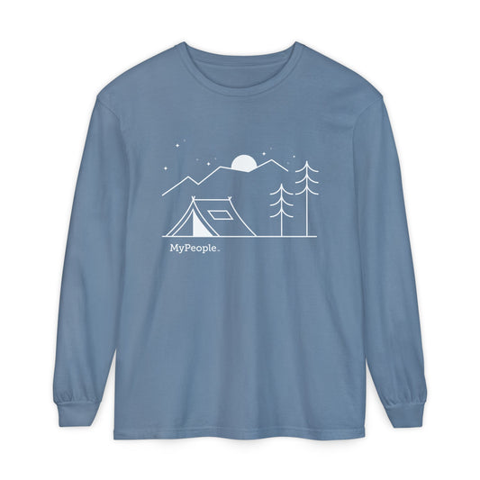 Line illustration of a tent beneath a tree with mountains, stars, and a moon, with the word MyPeople underneath on a unisex garment.