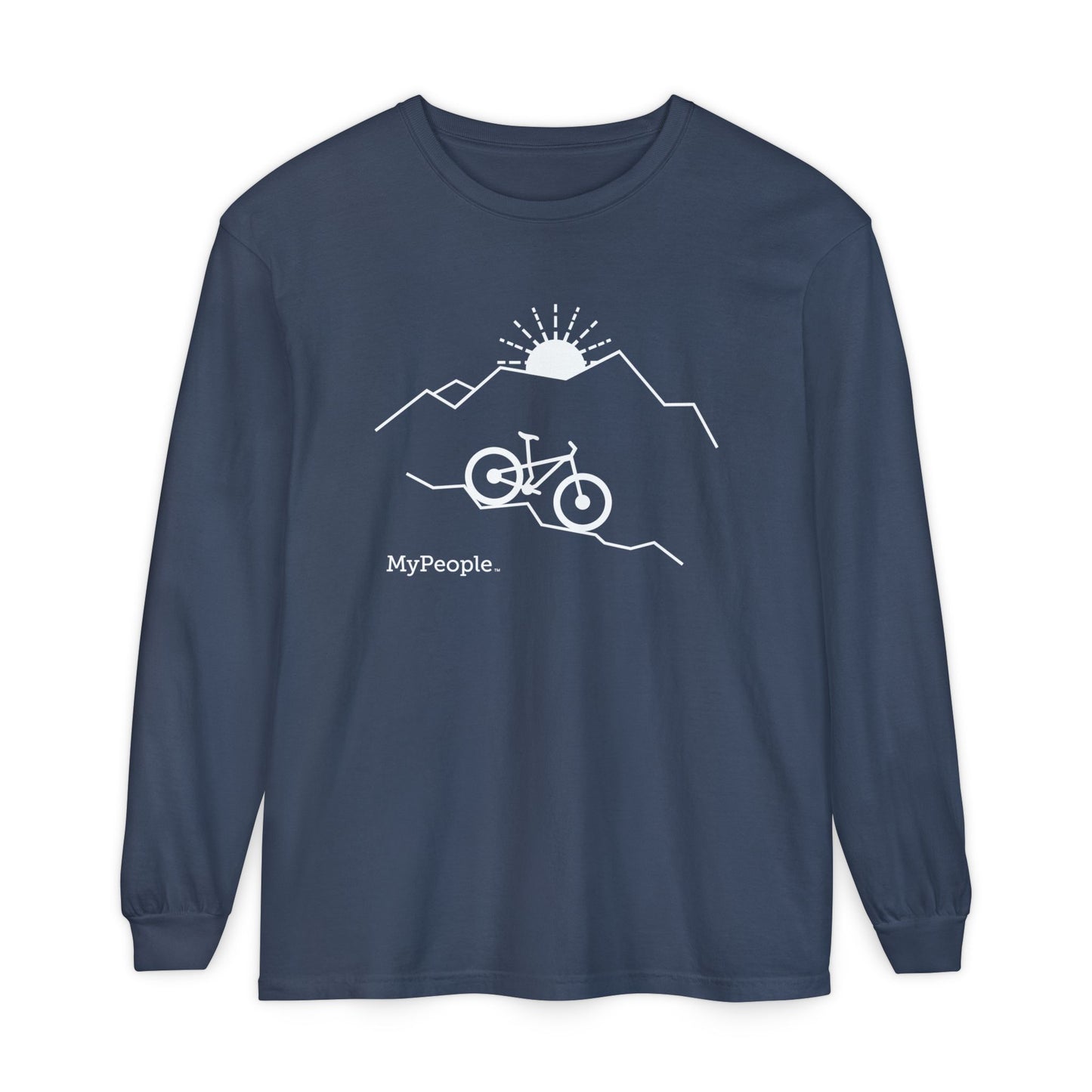 Line illustration of a mountain bike on a downhill slope with mountains and a setting sun, with the word MyPeople underneath on a unisex garment.