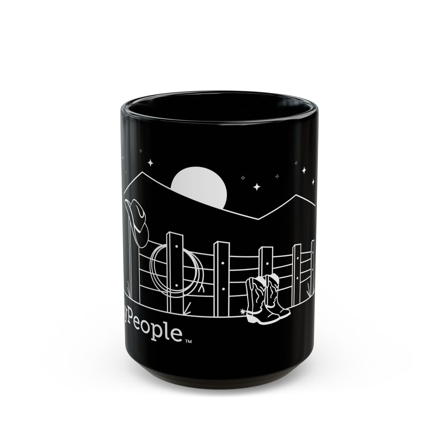 Line illustration of a fence with a cowboy hat, rope, and boots, with stars and a moon in the night sky, with the word MyPeople underneath printed on a ceramic mug.