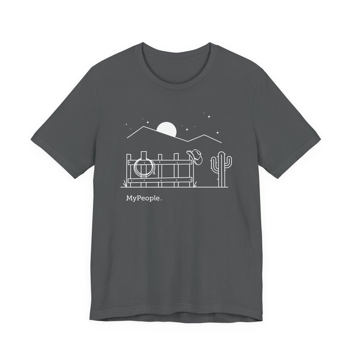 Line illustration of a fence with a cowboy hat, rope, and boots under a night sky, with the word MyPeople underneath on a unisex garment.
