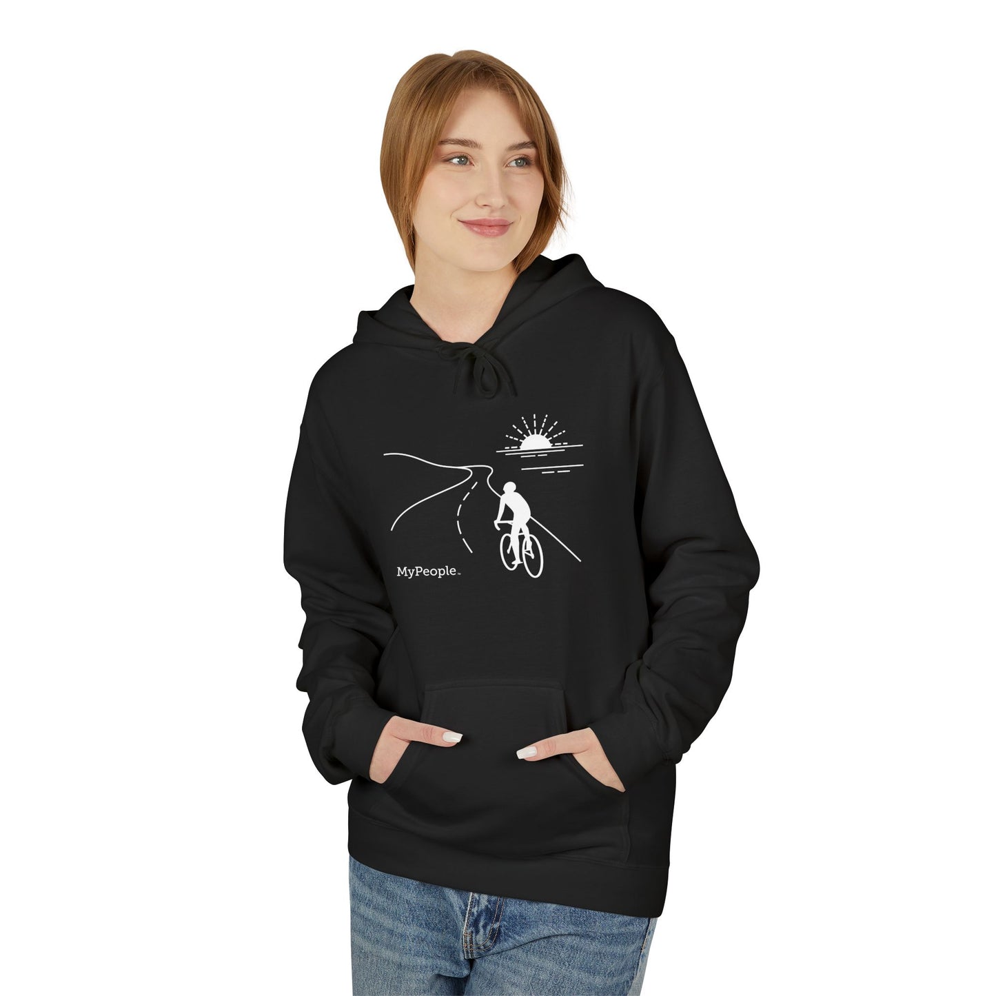 Person wearing a unisex hoodie showing the front view with the MyPeople Cycling line illustration.
