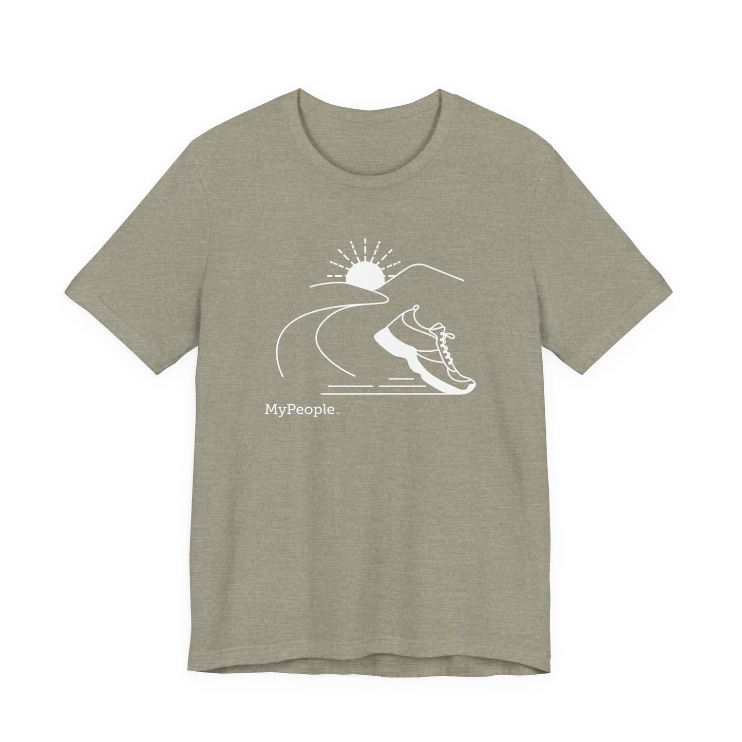 Line illustration of a running shoe with a road leading to mountains and a setting sun, with the word MyPeople underneath on a unisex garment.