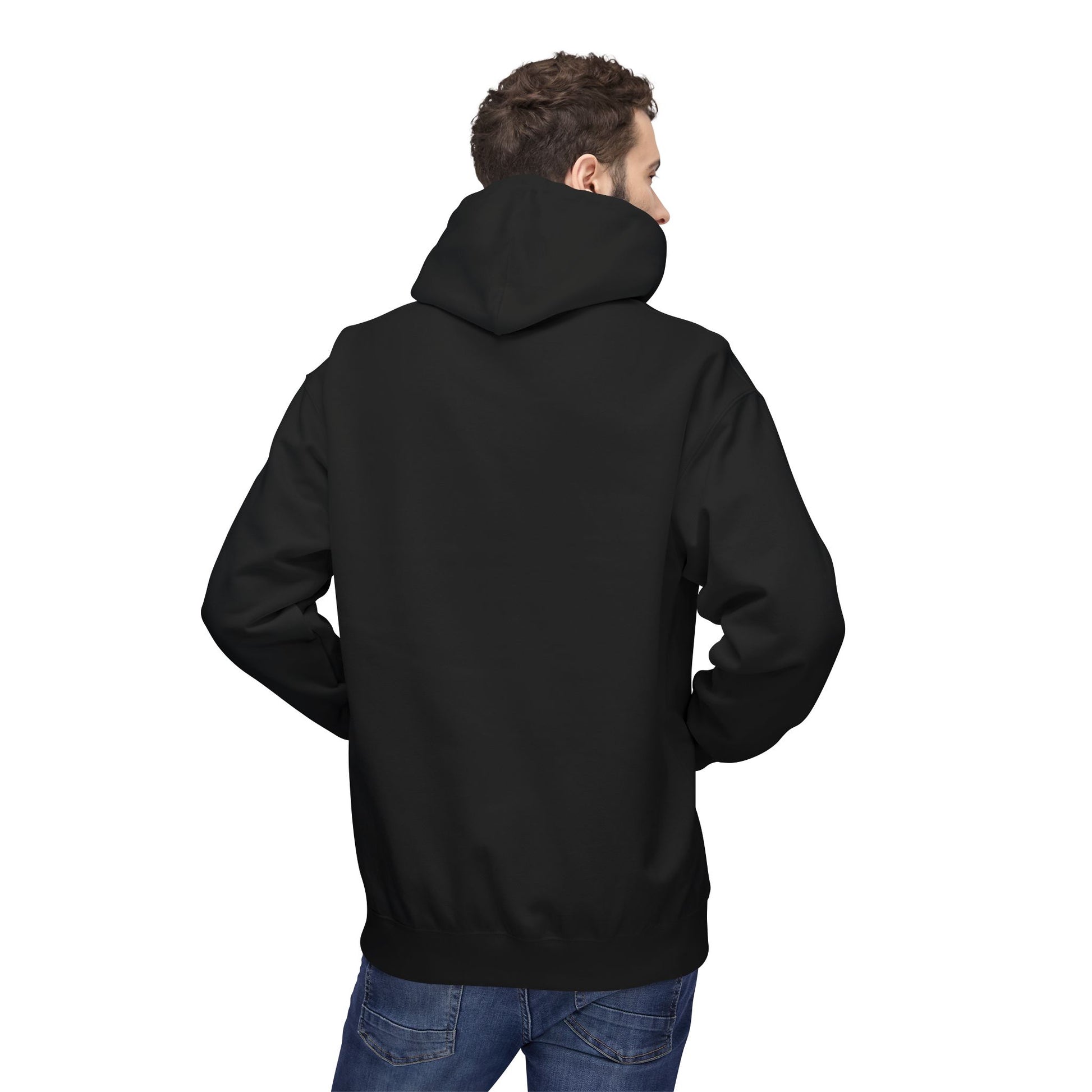 Person wearing a unisex hoodie showing the back view with no design.